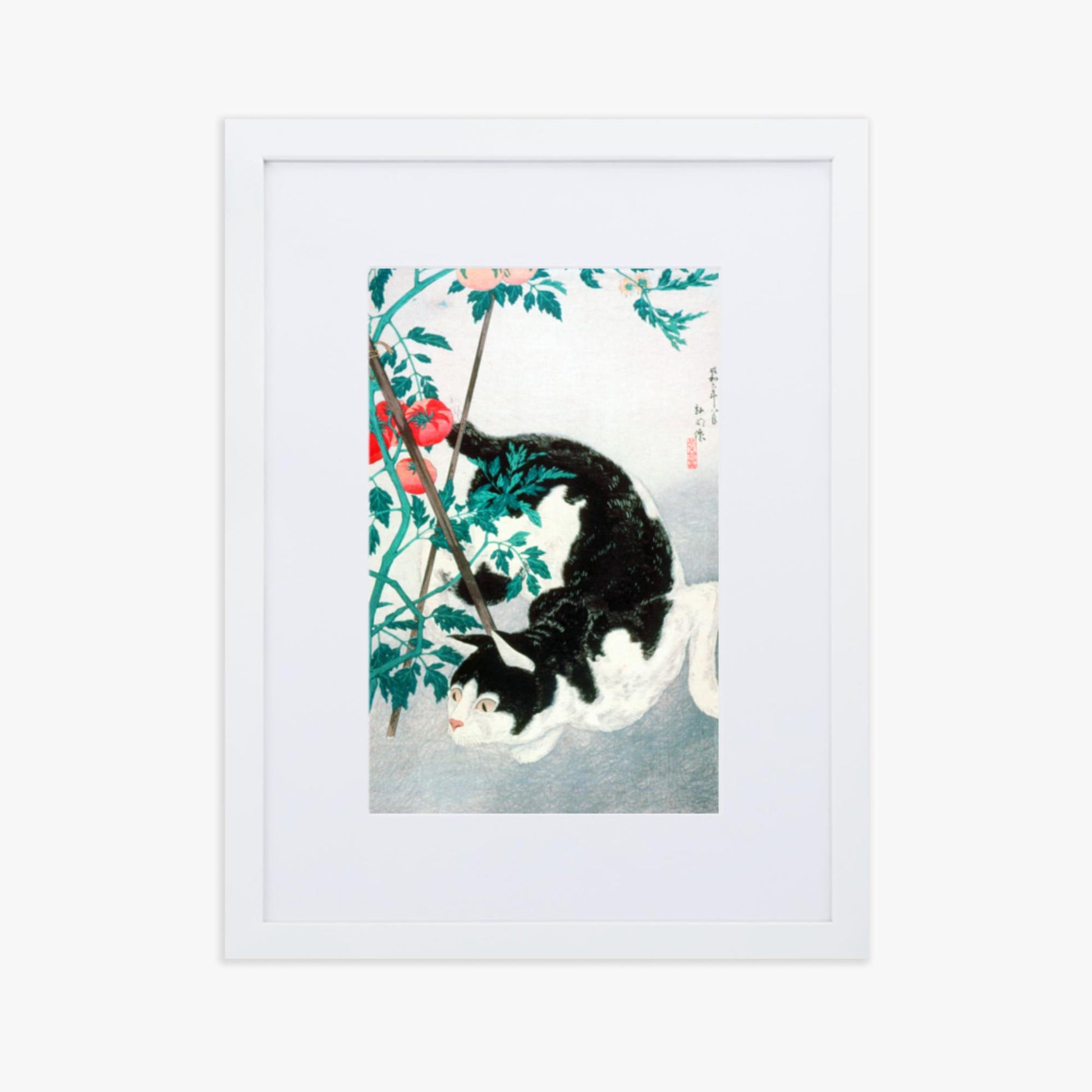 Takahashi Hiroaki (Shōtei) - Cat with Tomato Plant 30x40 cm Poster With White Frame