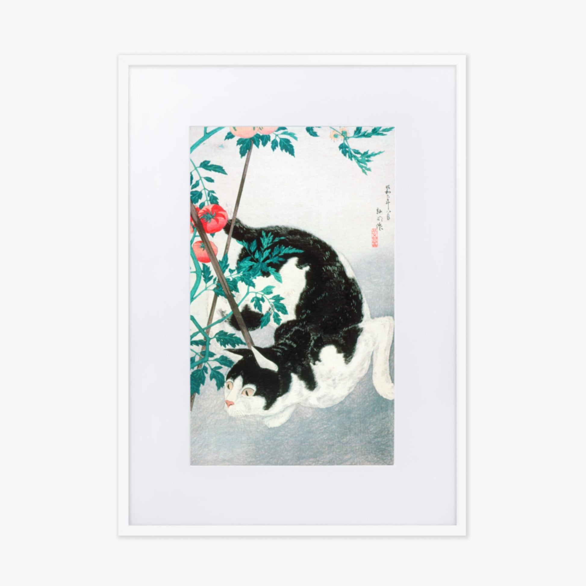 Takahashi Hiroaki (Shōtei) - Cat with Tomato Plant 50x70 cm Poster With White Frame