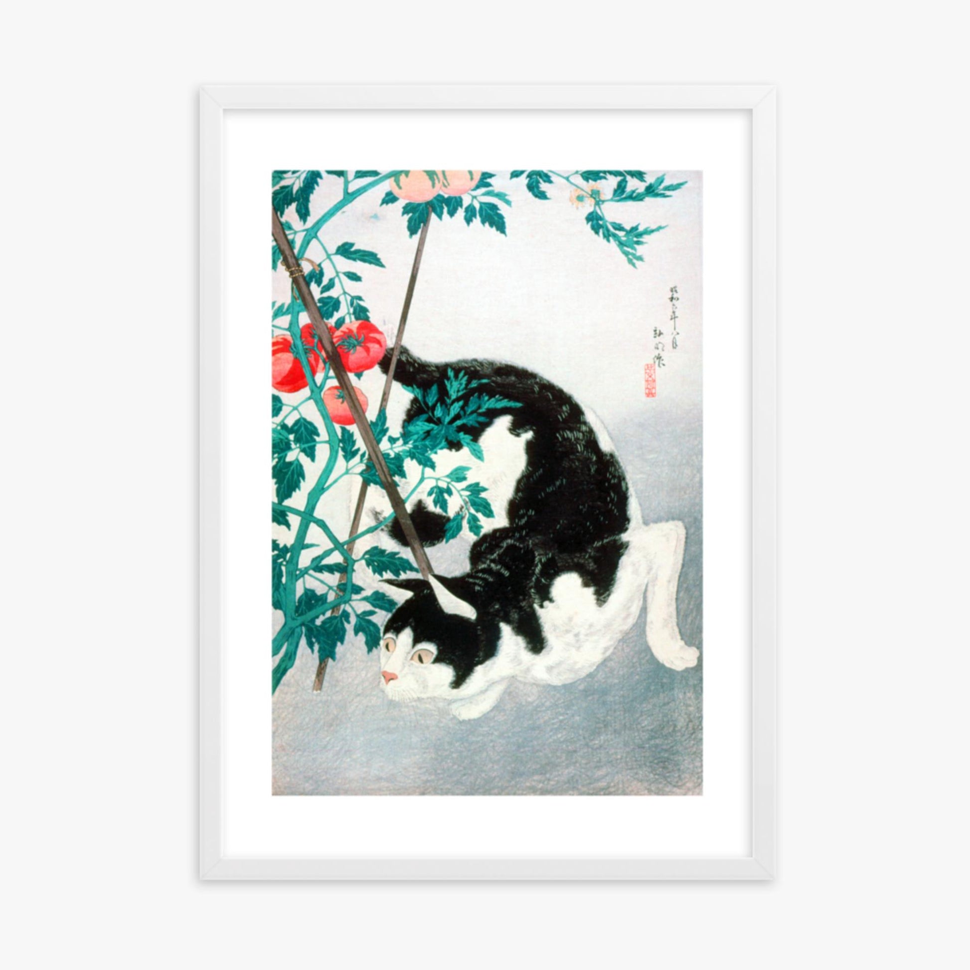 Takahashi Hiroaki (Shōtei) - Cat with Tomato Plant 50x70 cm Poster With White Frame