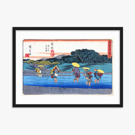 Ando Hiroshige - Travelers Crossing a Stream 50x70 cm Poster With Black Frame