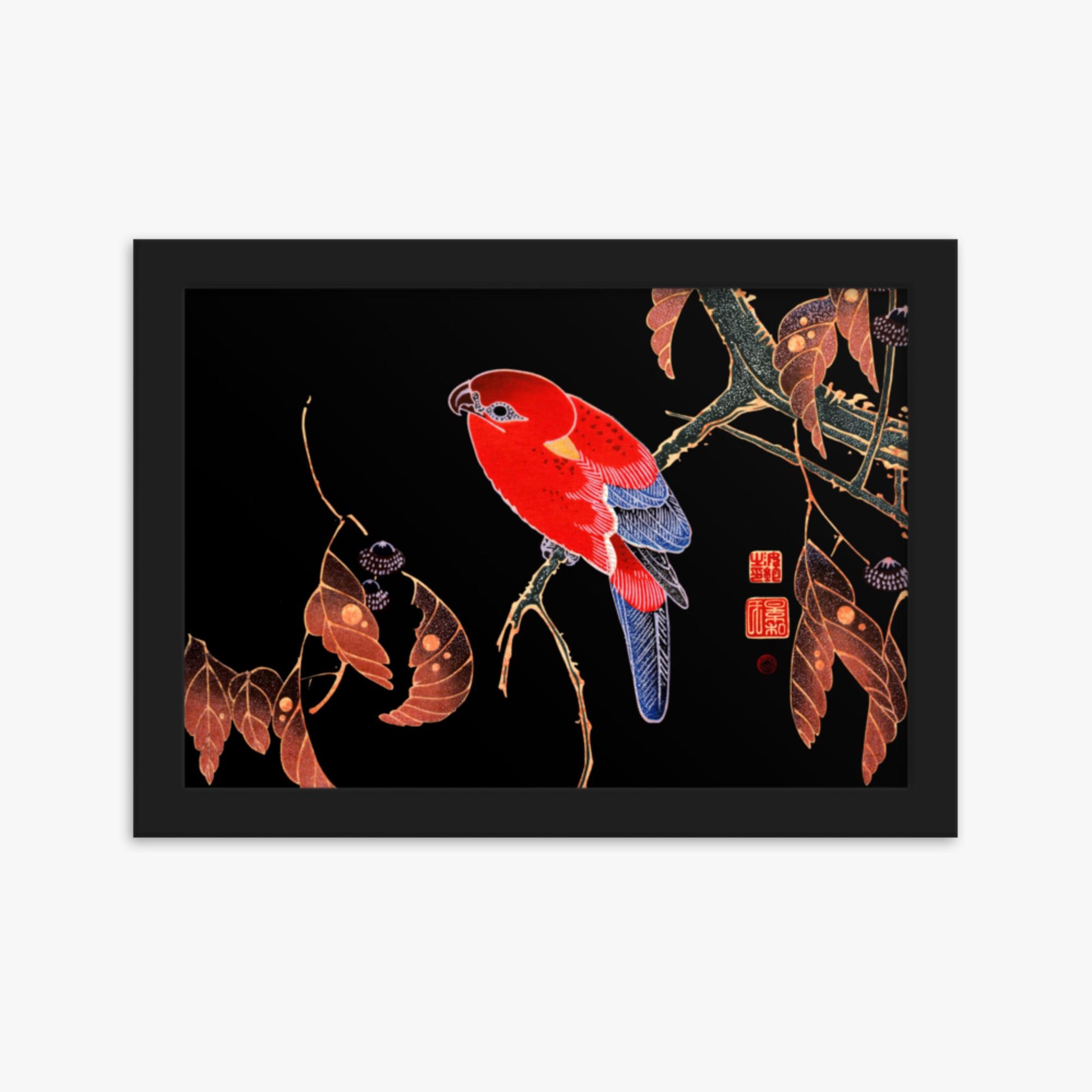 Ito Jakuchu - Red Parrot on the Branch of a Tree 21x30 cm Poster With Black Frame