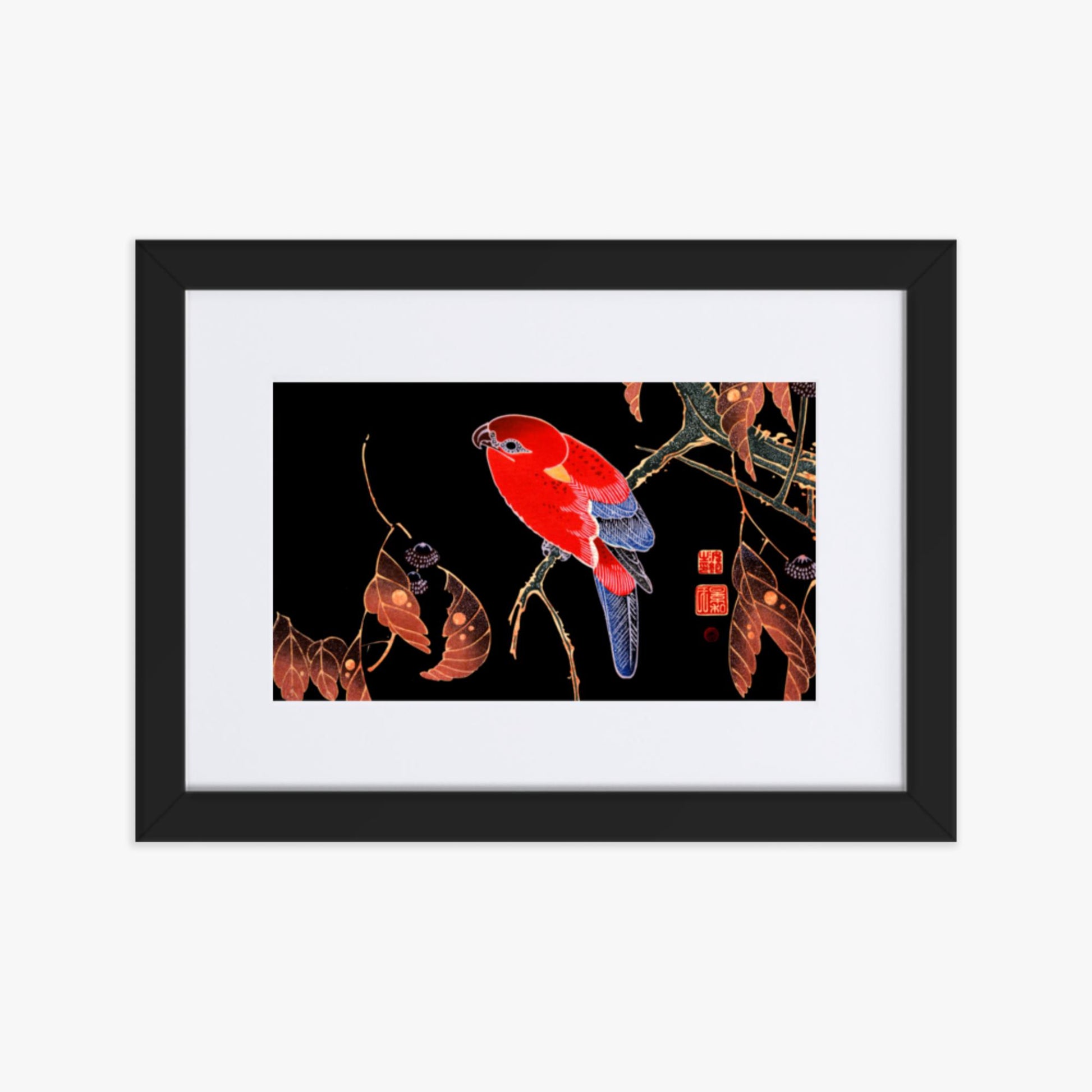 Ito Jakuchu - Red Parrot on the Branch of a Tree 21x30 cm Poster With Black Frame