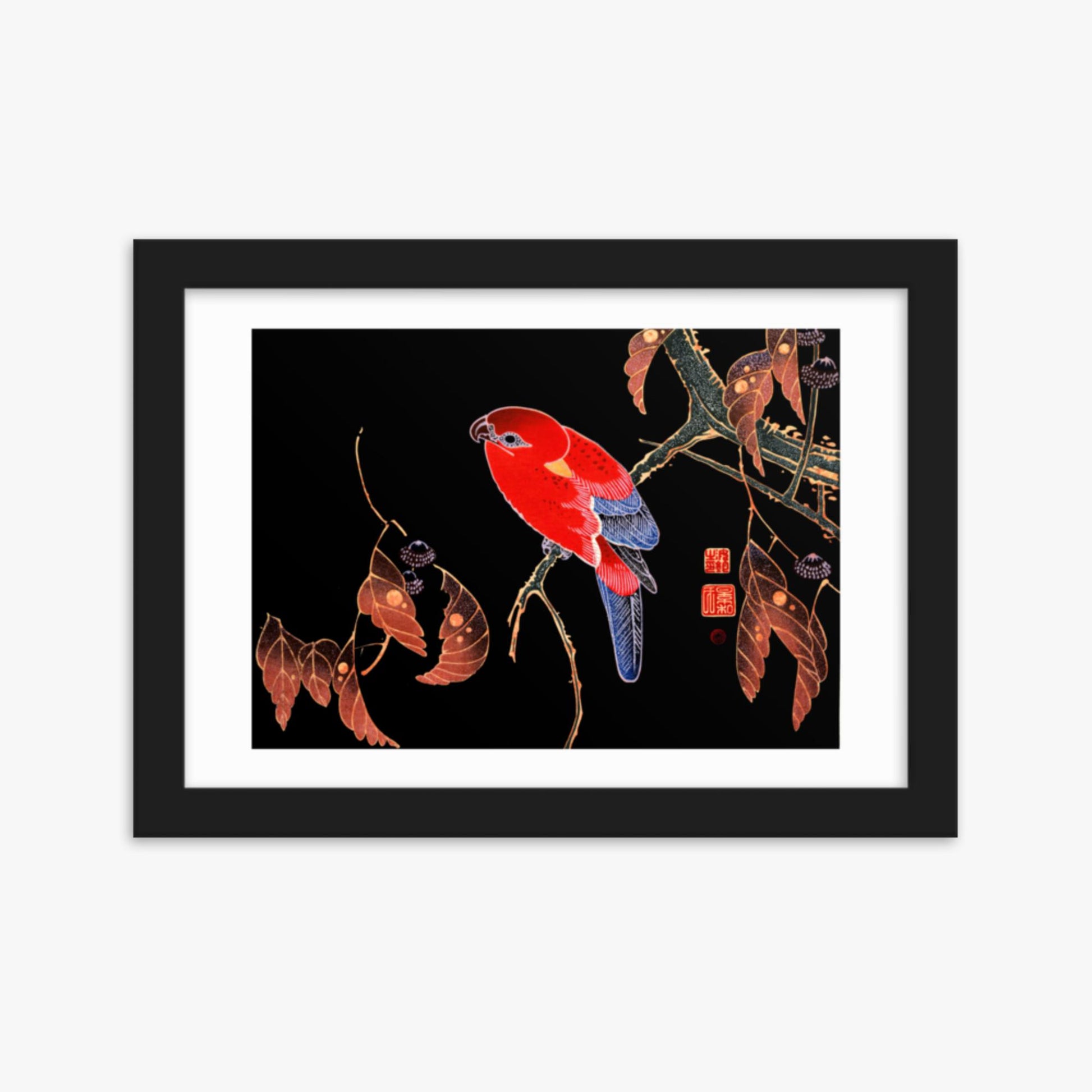 Ito Jakuchu - Red Parrot on the Branch of a Tree 21x30 cm Poster With Black Frame