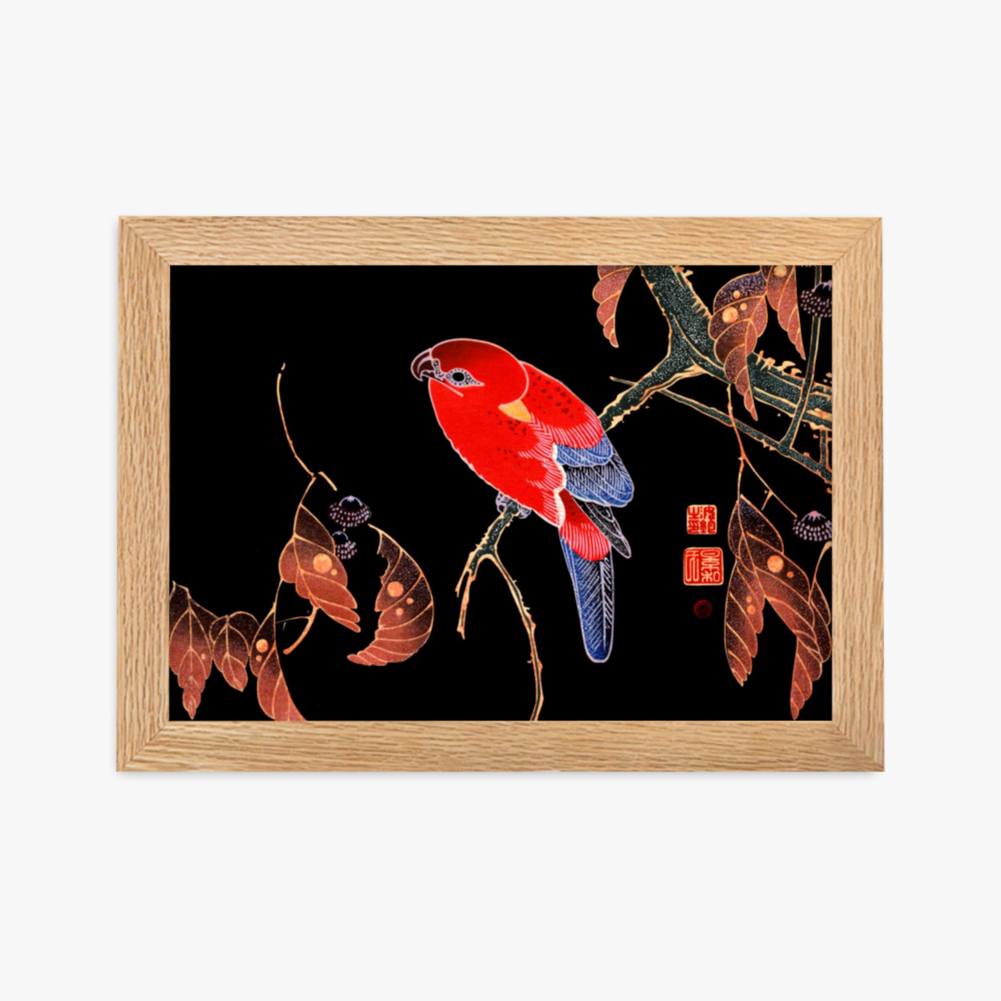 Ito Jakuchu - Red Parrot on the Branch of a Tree 21x30 cm Poster With Oak Frame