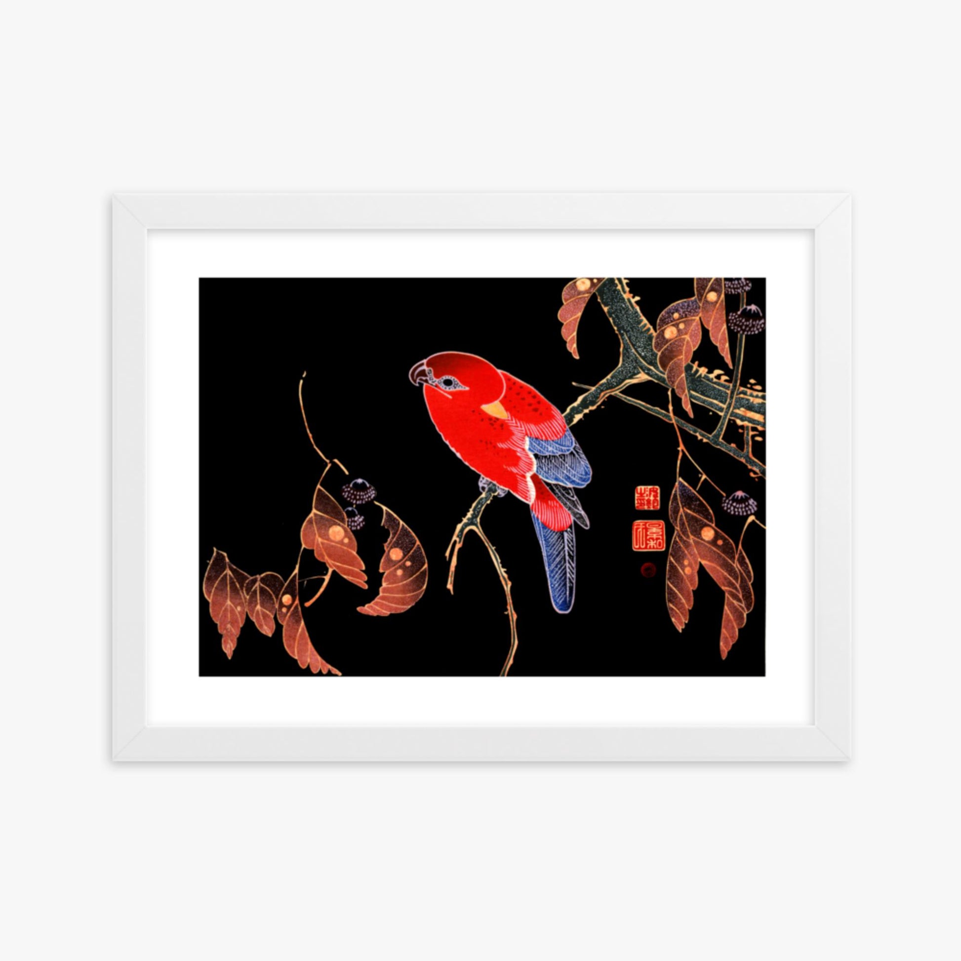 Ito Jakuchu - Red Parrot on the Branch of a Tree 30x40 cm Poster With White Frame