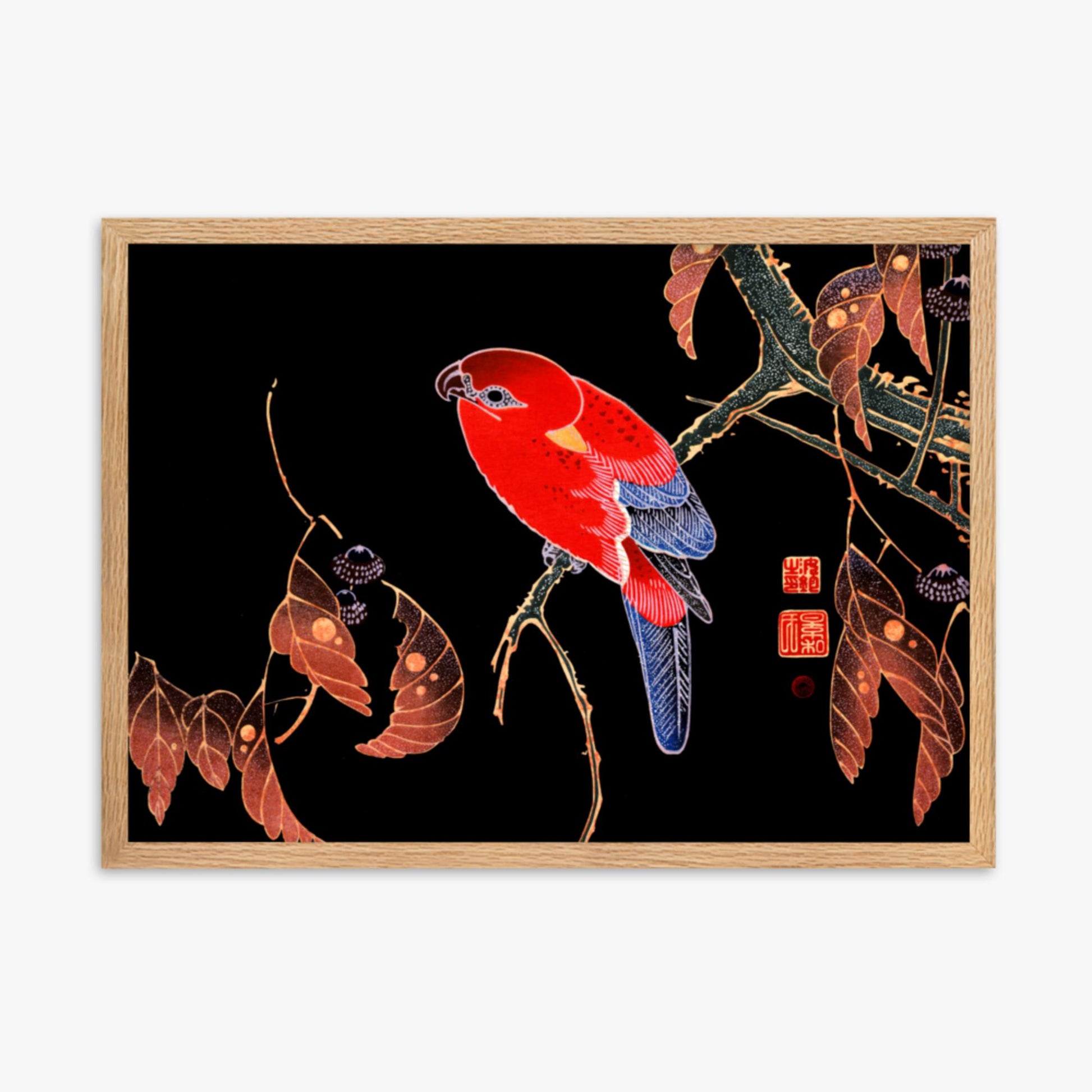 Ito Jakuchu - Red Parrot on the Branch of a Tree 50x70 cm Poster With Oak Frame