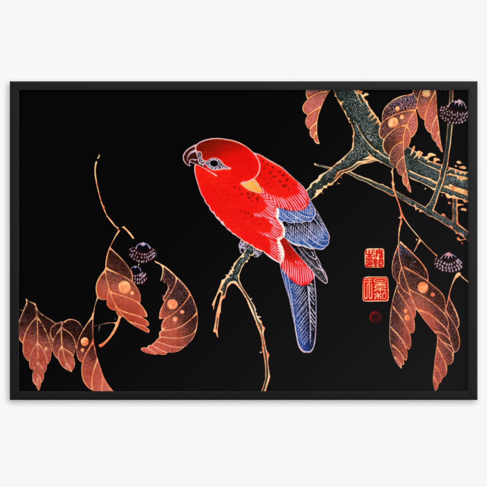 Ito Jakuchu - Red Parrot on the Branch of a Tree 61x91 cm Poster With Black Frame