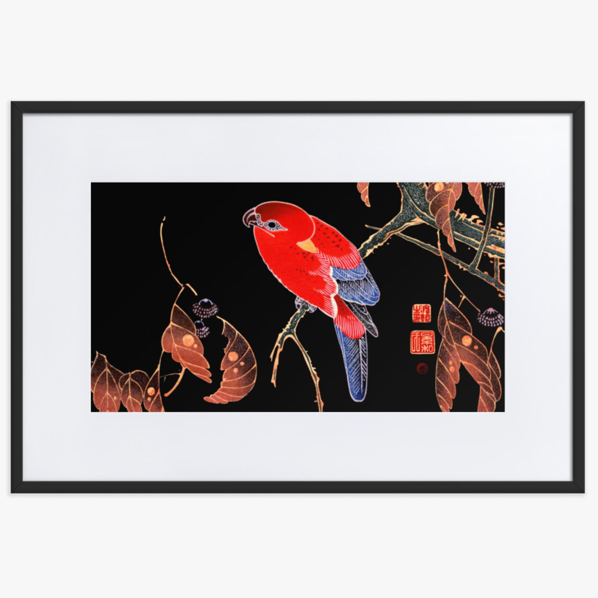 Ito Jakuchu - Red Parrot on the Branch of a Tree 61x91 cm Poster With Black Frame