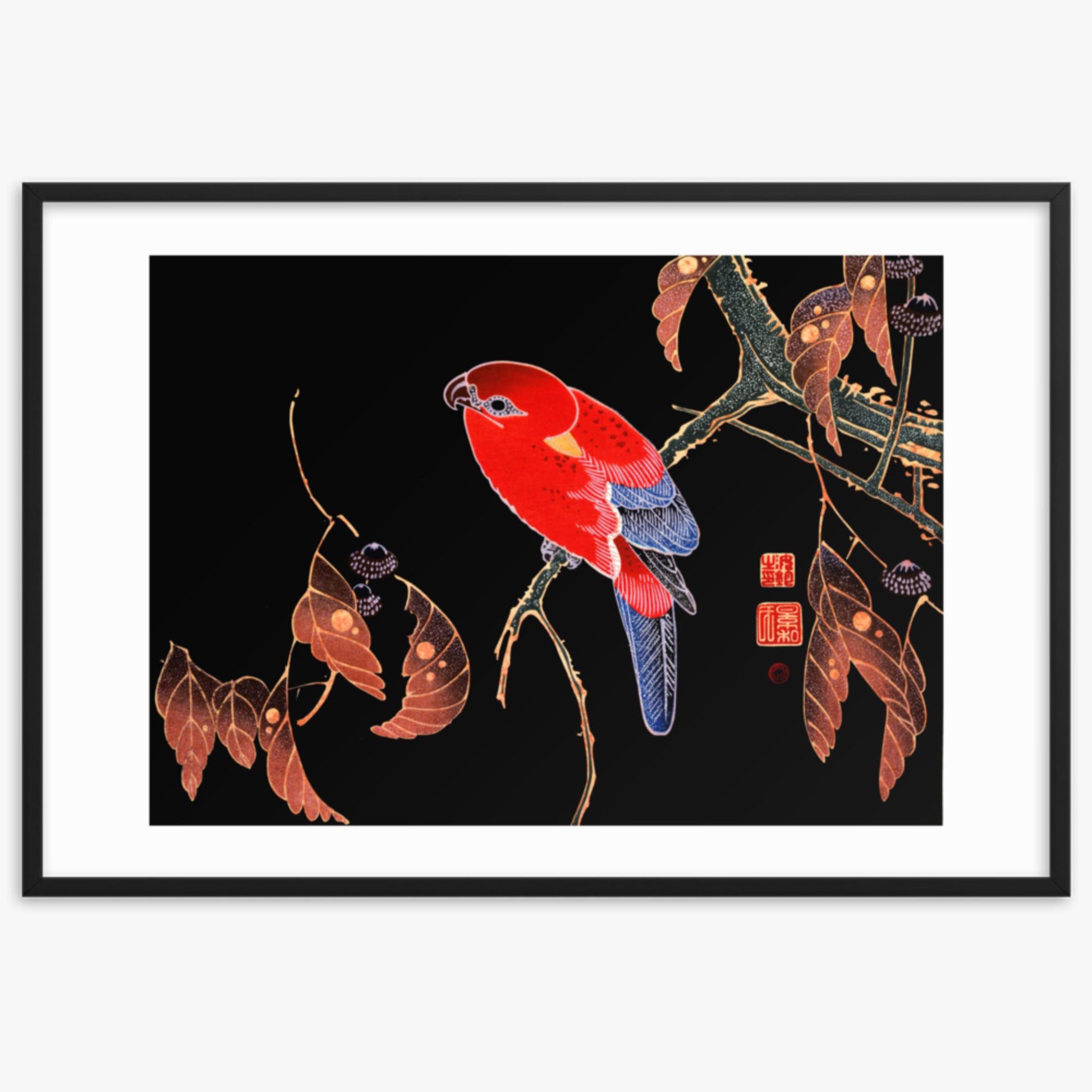 Ito Jakuchu - Red Parrot on the Branch of a Tree 61x91 cm Poster With Black Frame