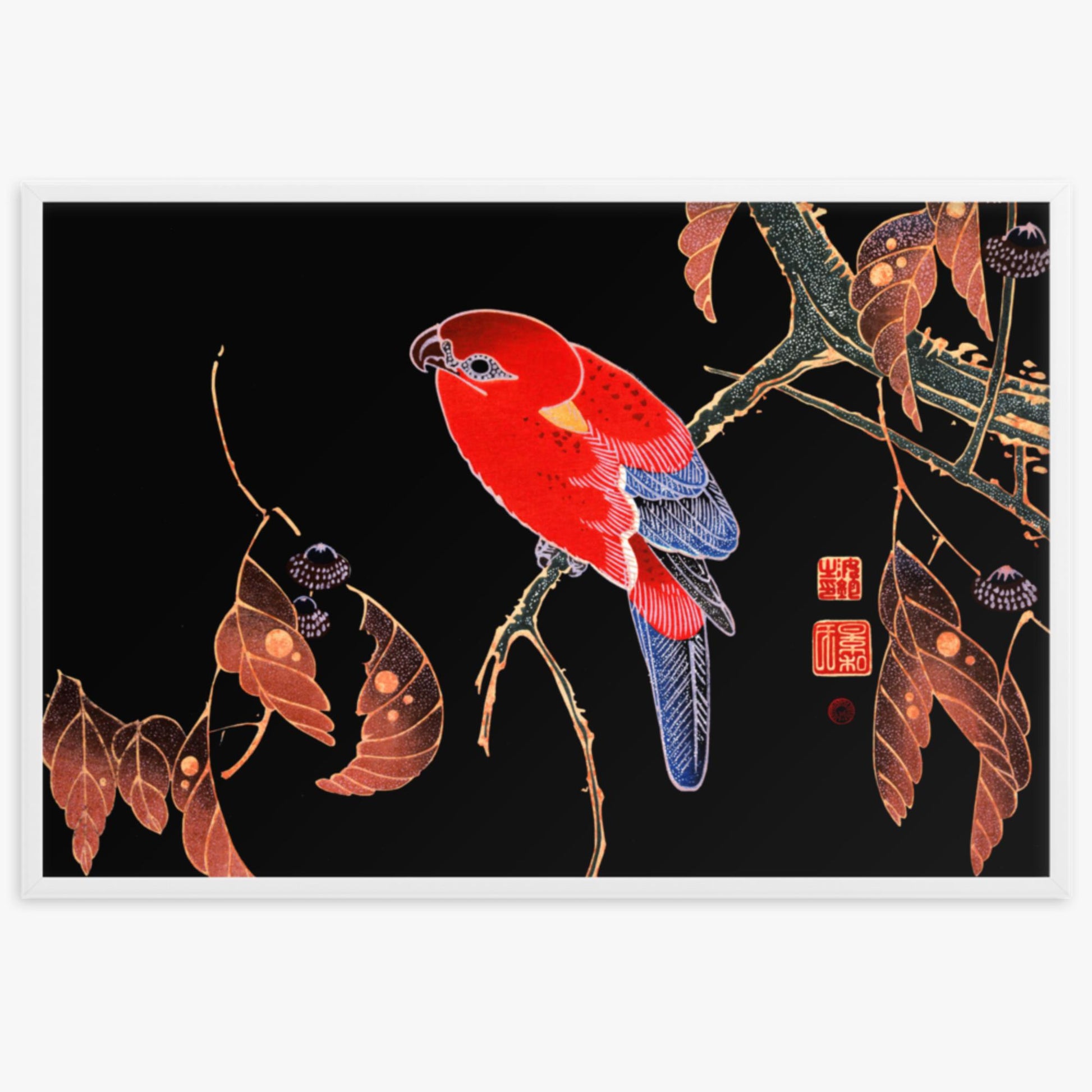 Ito Jakuchu - Red Parrot on the Branch of a Tree 61x91 cm Poster With White Frame