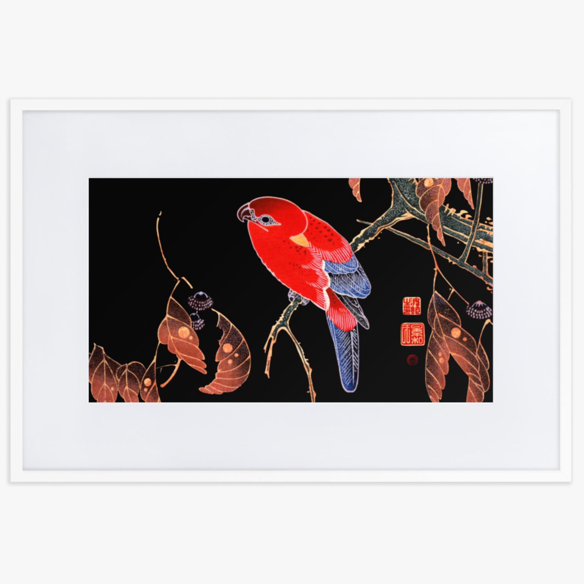 Ito Jakuchu - Red Parrot on the Branch of a Tree 61x91 cm Poster With White Frame