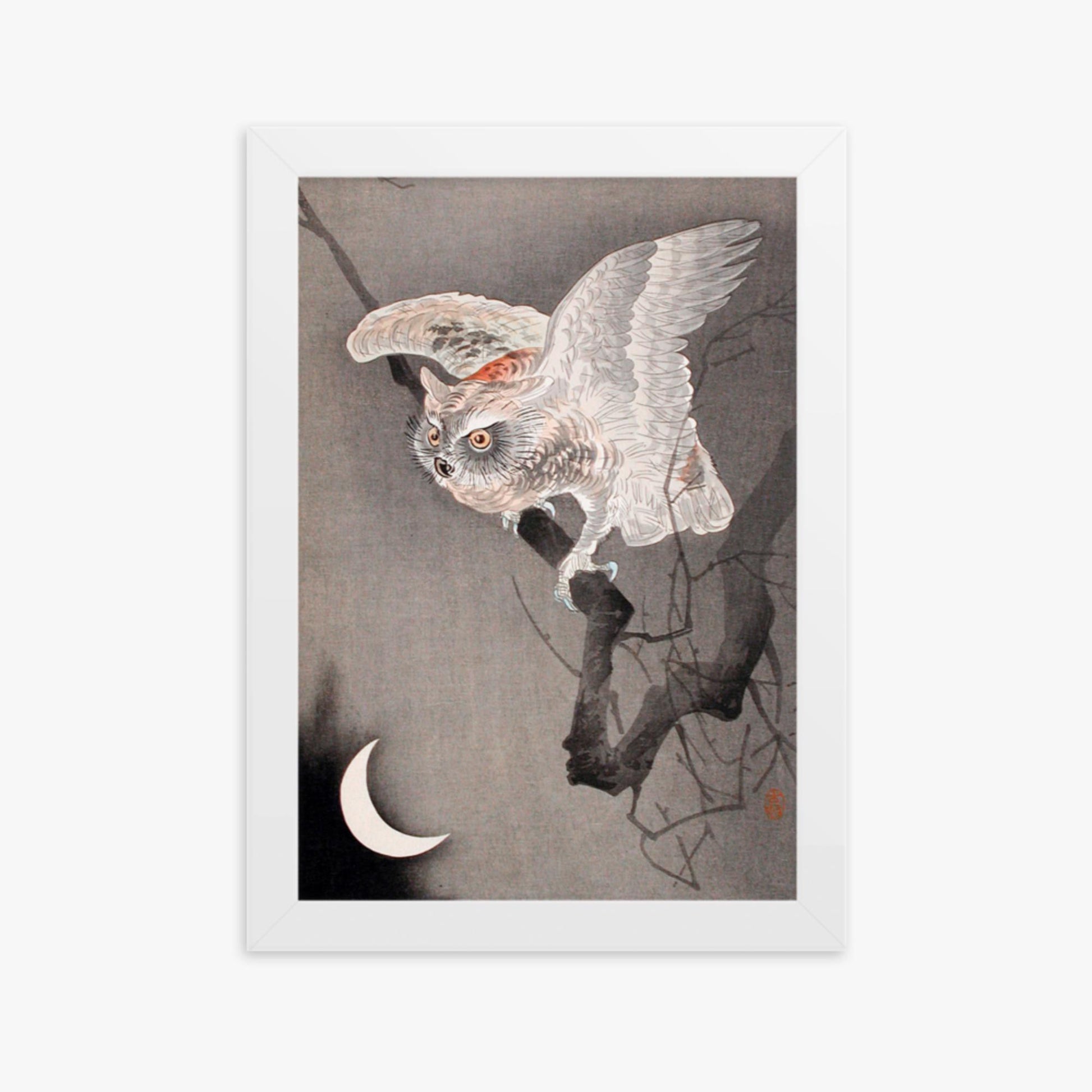 Ohara Koson - Scops Owl in Moonlight  21x30 cm Poster With White Frame