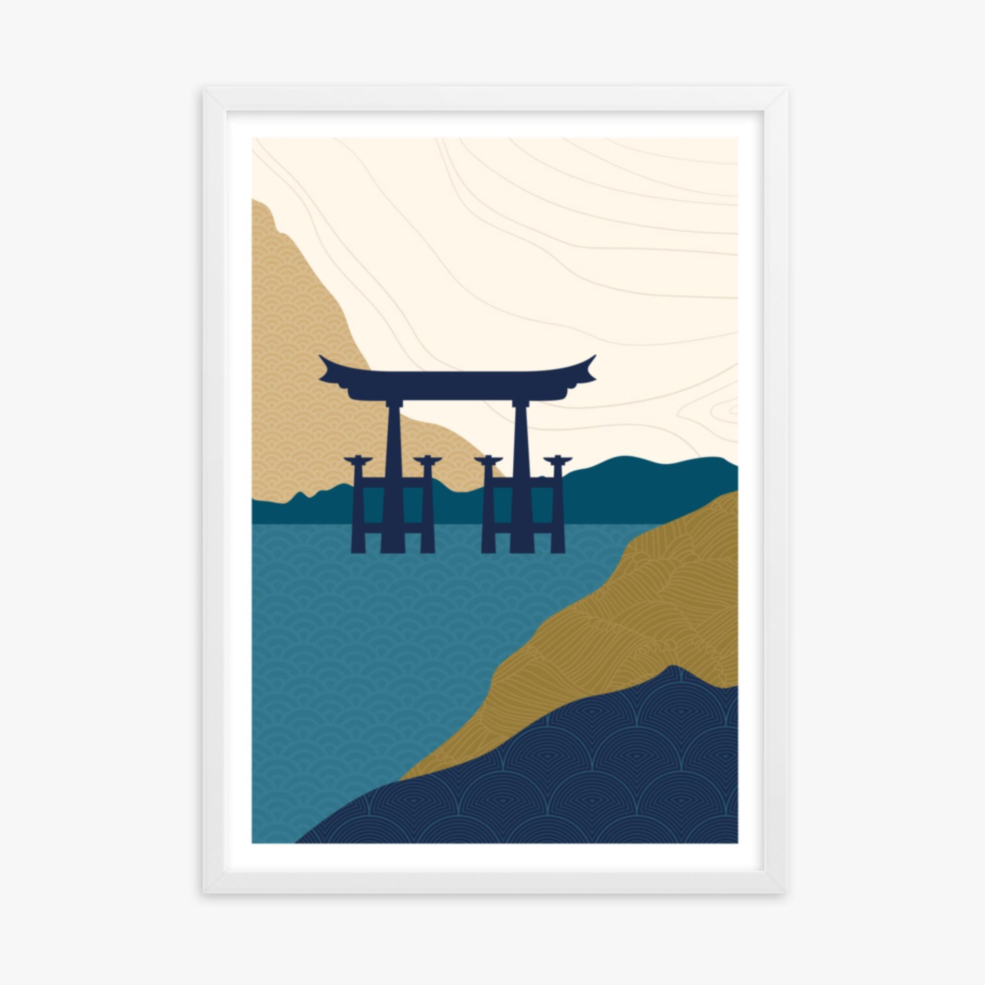 Modern illustration: Torii Gate in the Water 50x70 cm Poster With White Frame Frame