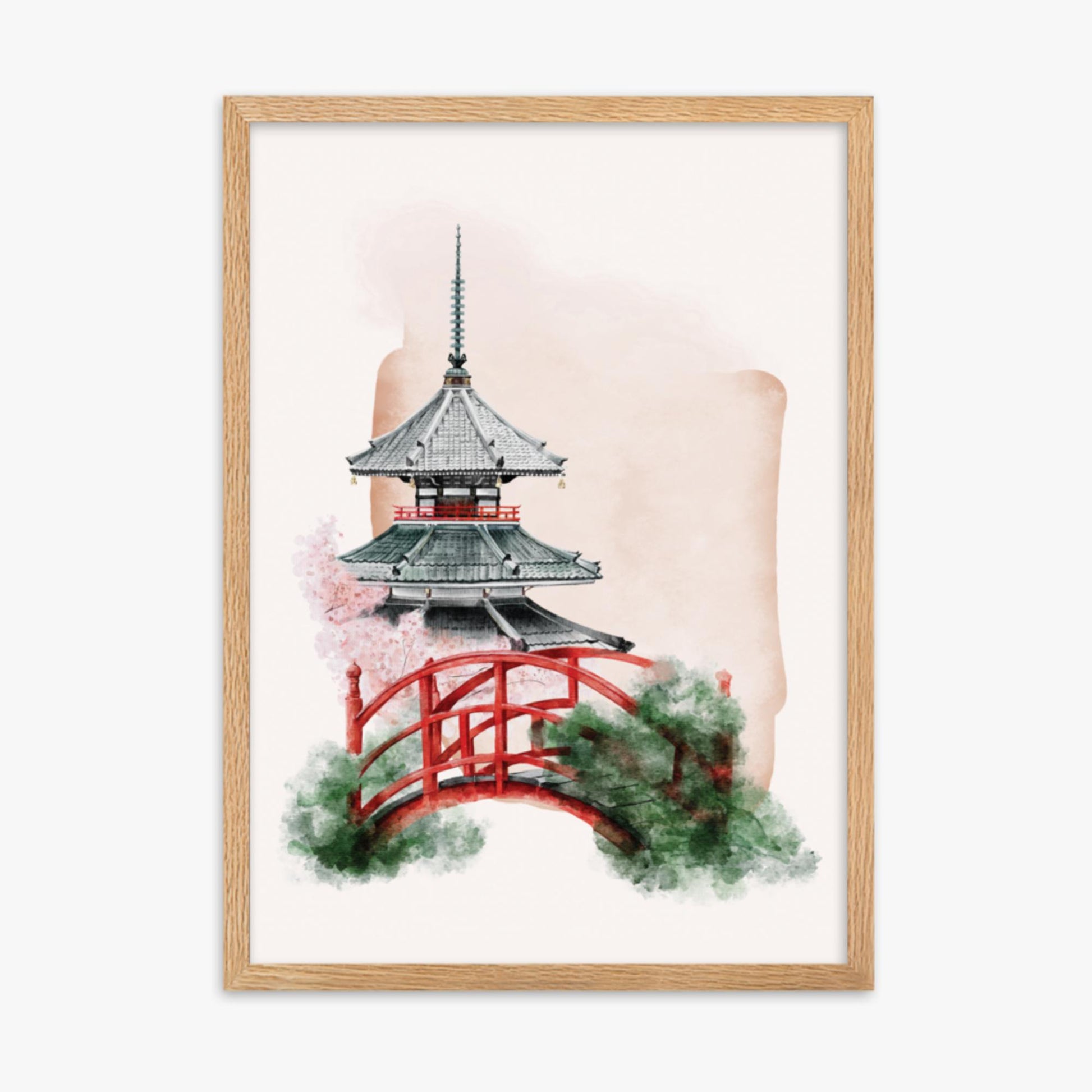 Modern illustration: Shrine with Bridge 50x70 cm Poster With Oak Frame Frame