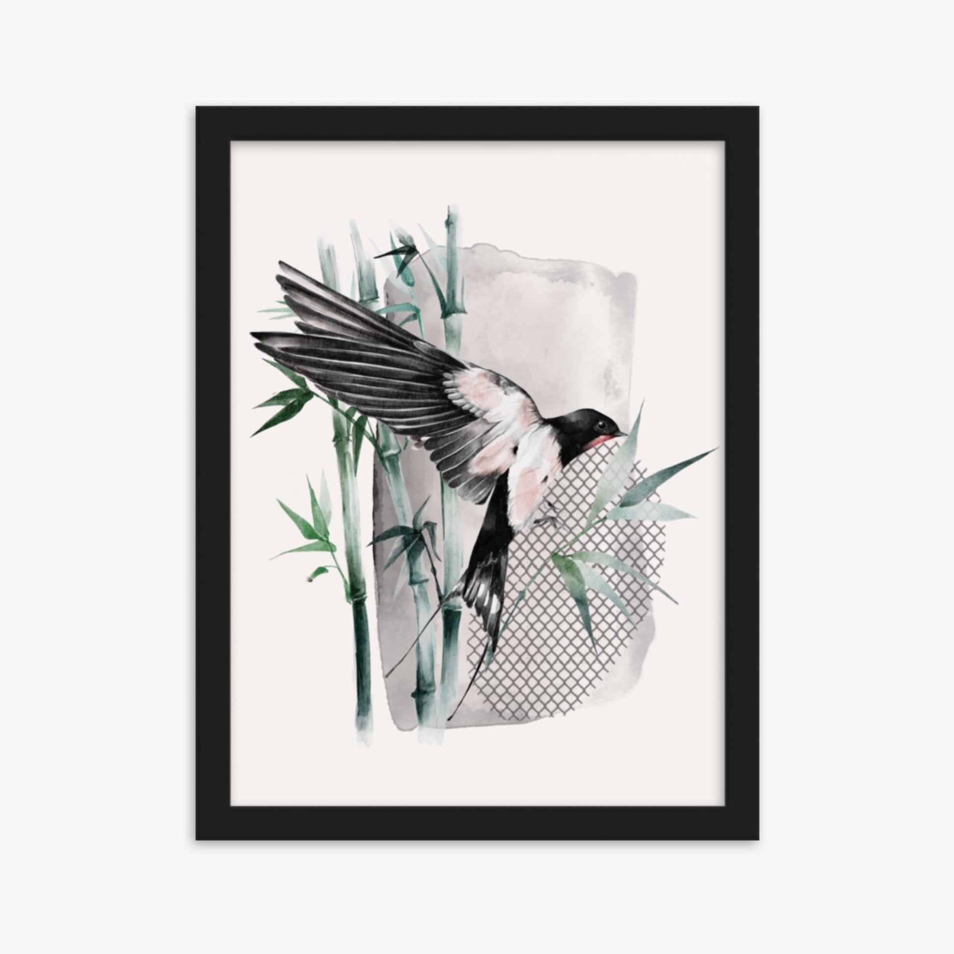 Modern illustration: Bird on Bamboo 30x40 cm Poster With Black Frame Frame