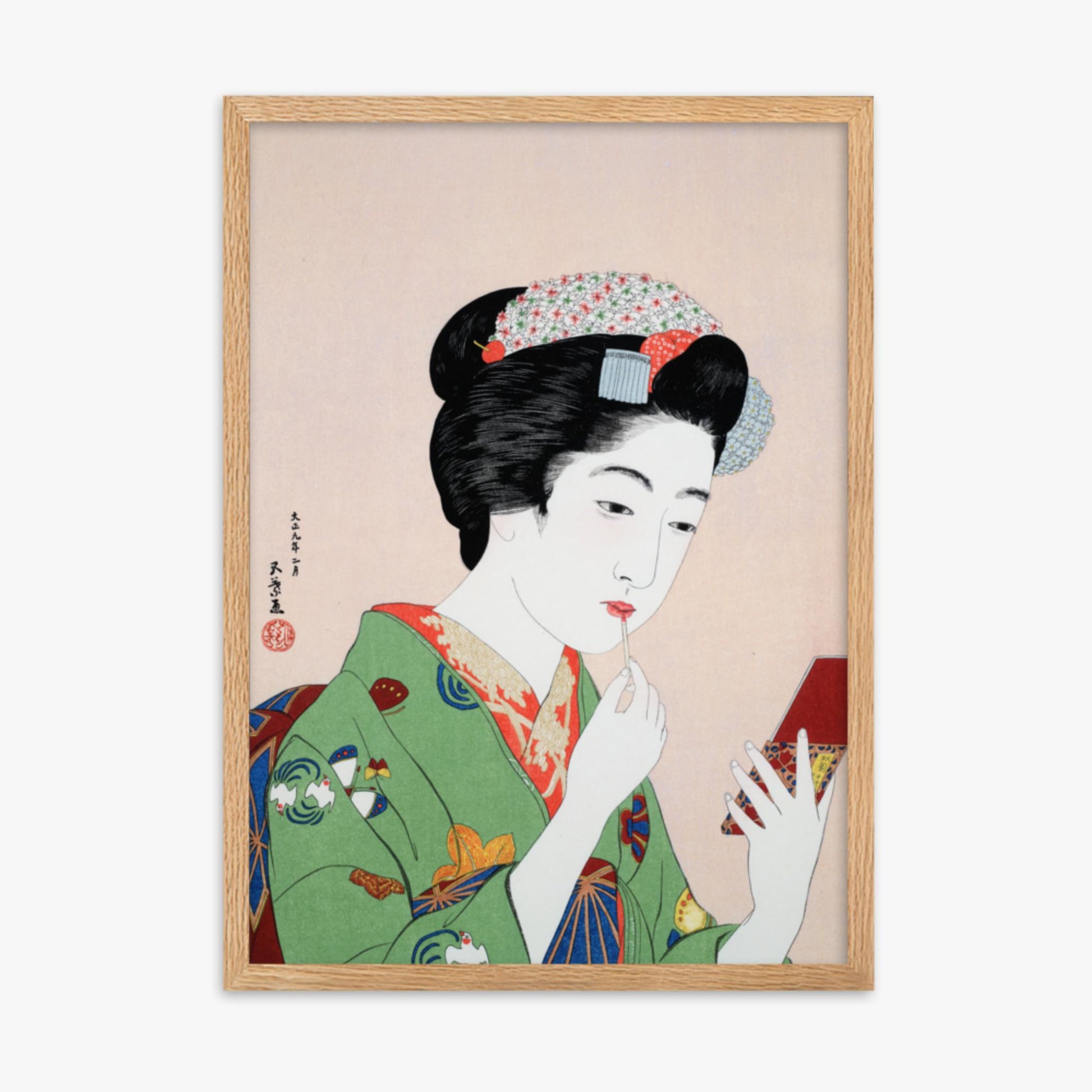 Goyō Hashiguchi - Woman Applying Rouge 50x70 cm Poster With Oak Frame