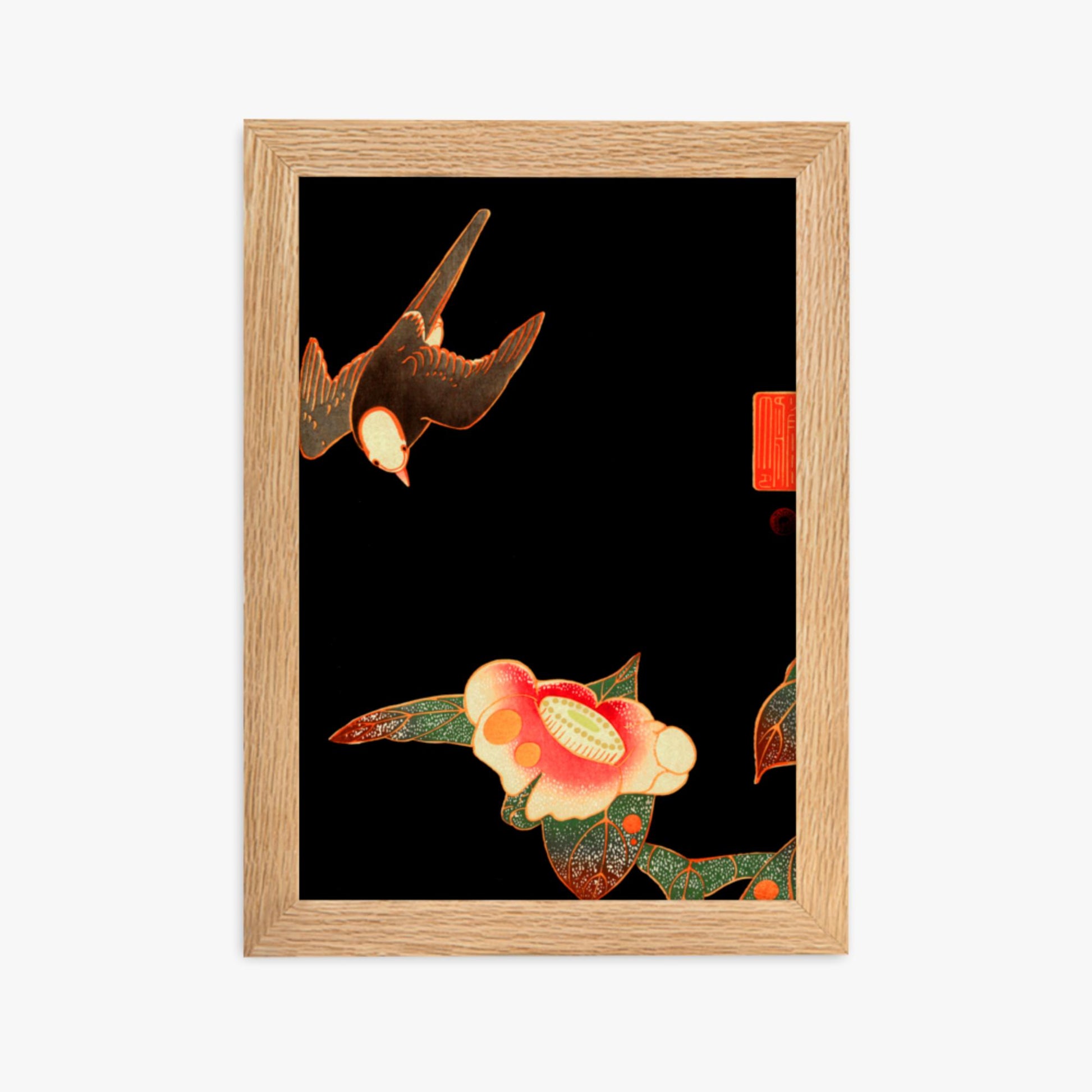 Ito Jakuchu - Swallow and Camellia 21x30 cm Poster With Oak Frame