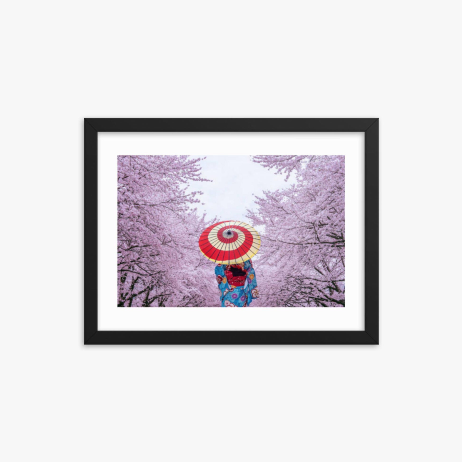 Asian woman wearing japanese traditional kimono and cherry blossom in spring 12x16 in Poster With Black Frame