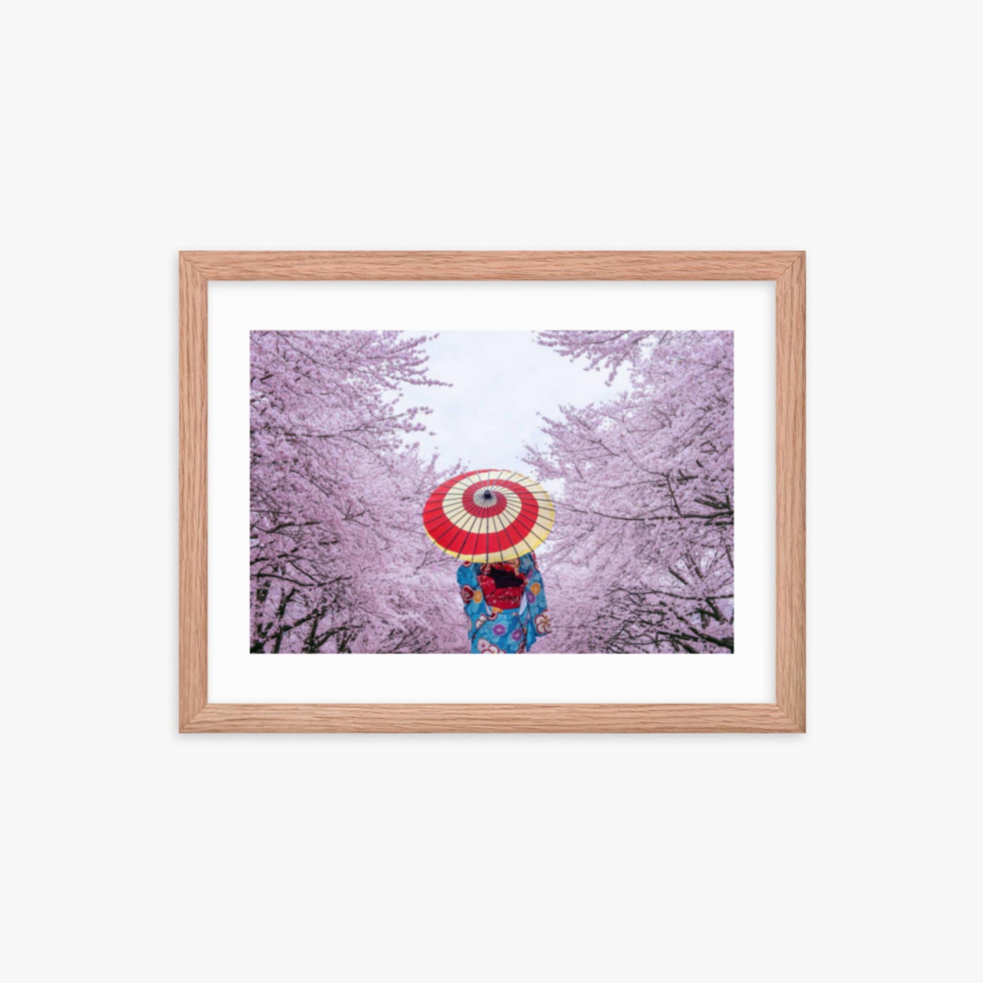 Asian woman wearing japanese traditional kimono and cherry blossom in spring 12x16 in Poster With Oak Frame