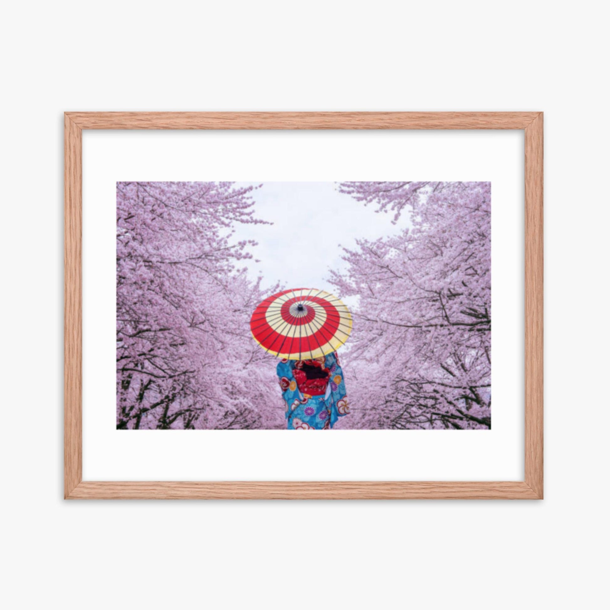 Asian woman wearing japanese traditional kimono and cherry blossom in spring 16x20 in Poster With Oak Frame