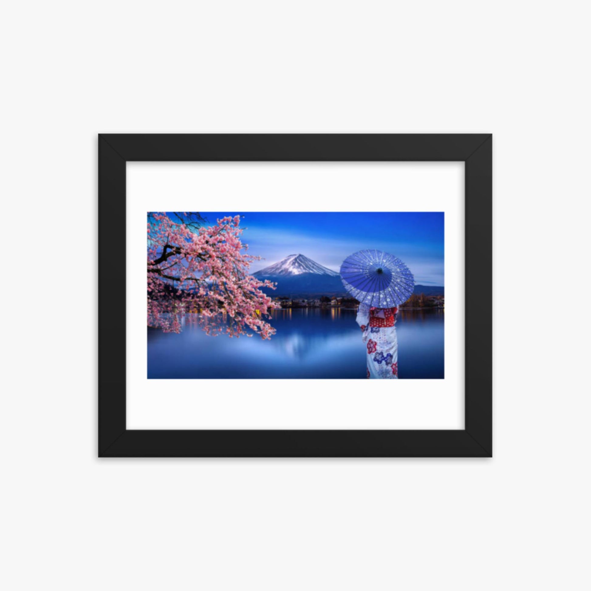 Asian woman wearing japanese traditional kimono at Fuji Mountain and cherry blossom, Kawaguchiko Lake in Japan 8x10 in Poster With Black Frame