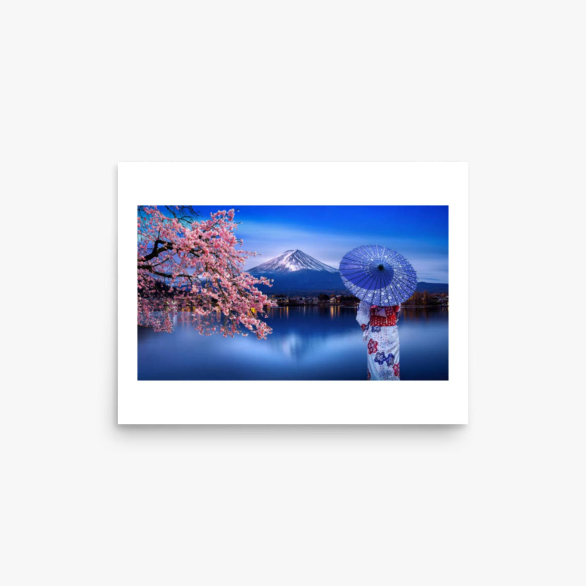 Asian woman wearing japanese traditional kimono at Fuji Mountain and cherry blossom, Kawaguchiko Lake in Japan 12x16 in Poster