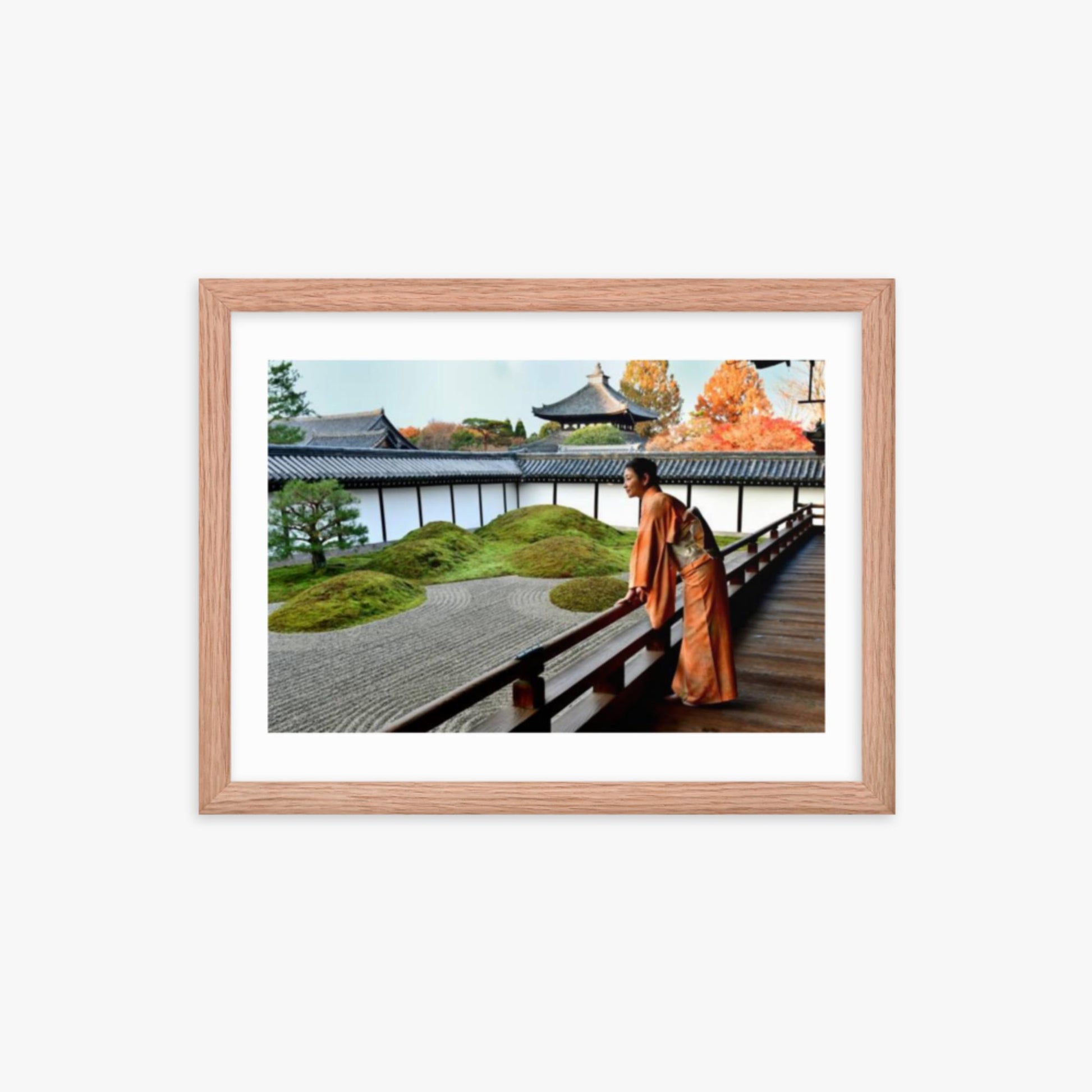 Japanese Woman in Kimono Appreciating Japanese Garden at Tofukuji, Kyoto 12x16 in Poster With Oak Frame