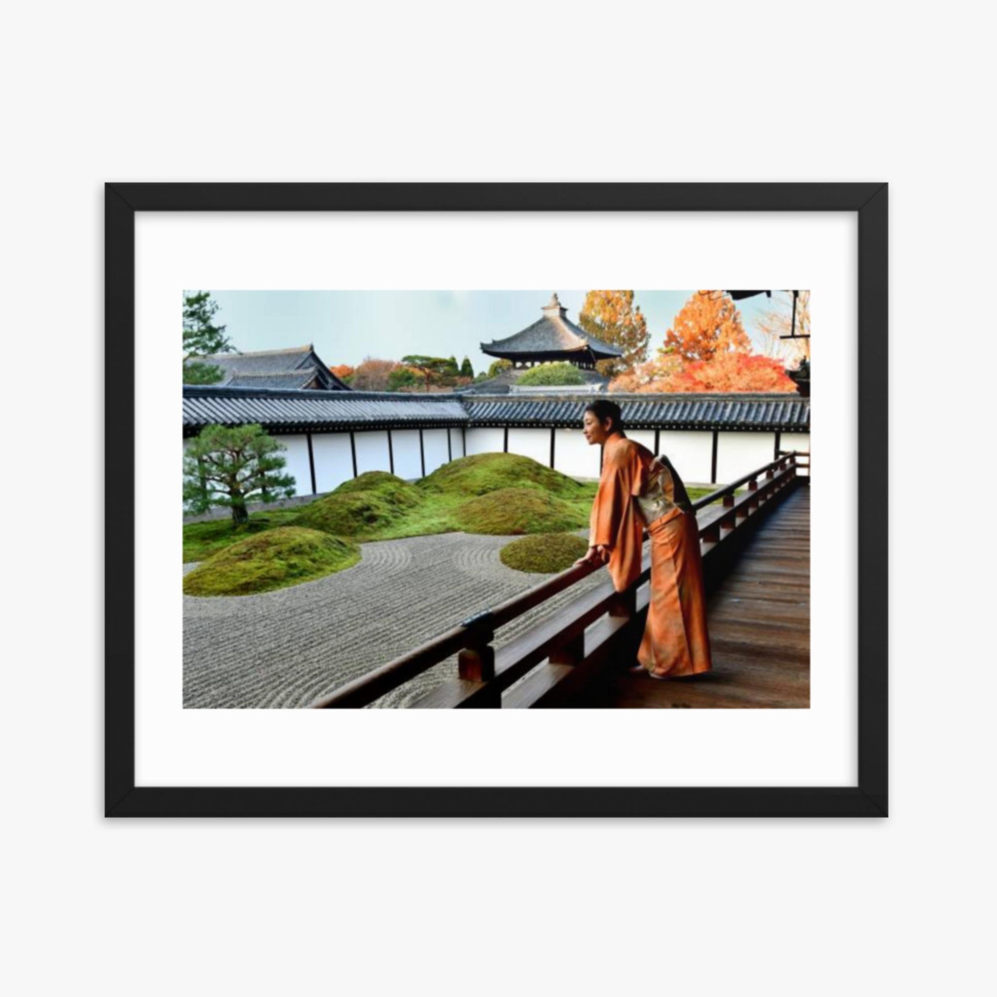 Japanese Woman in Kimono Appreciating Japanese Garden at Tofukuji, Kyoto 16x20 in Poster With Black Frame