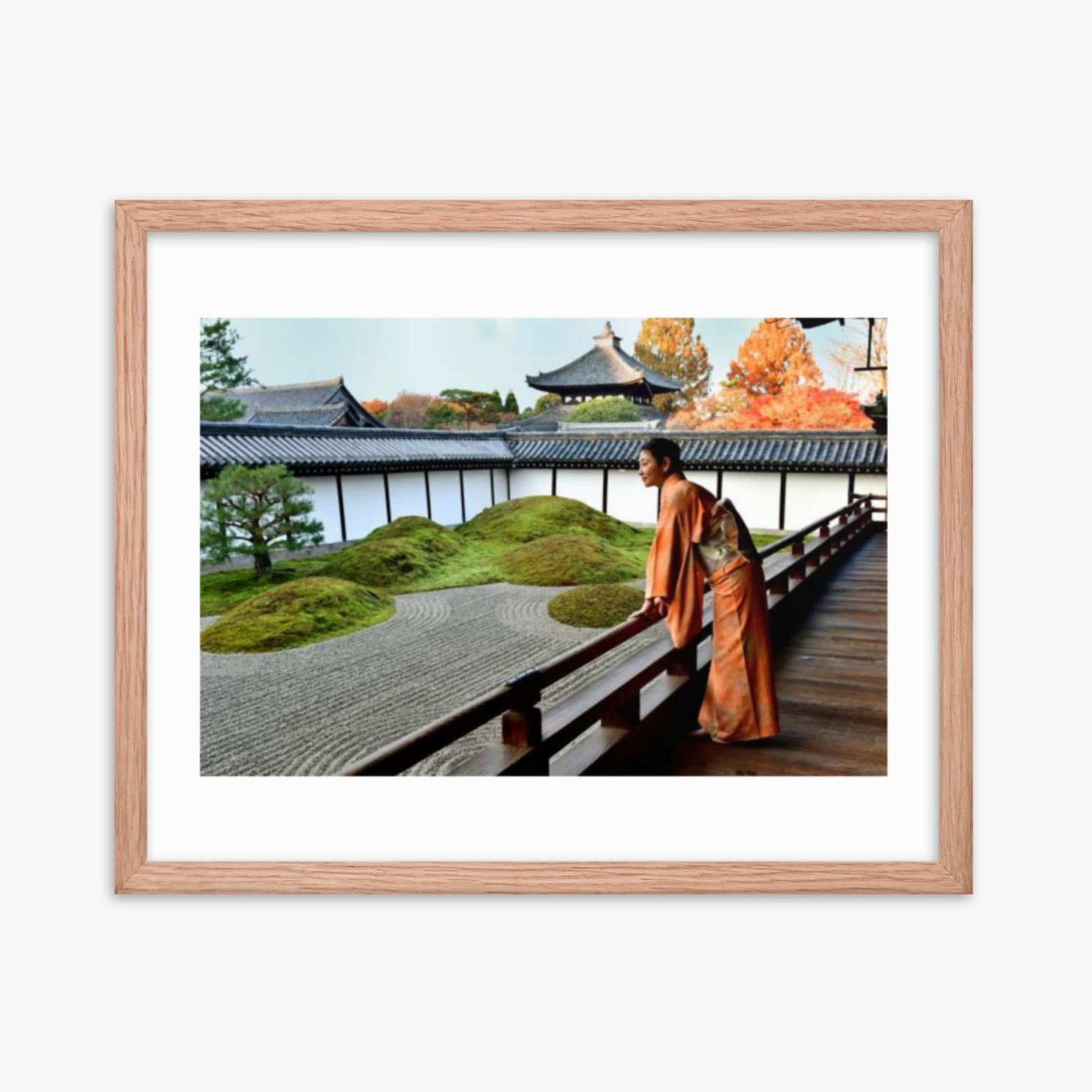 Japanese Woman in Kimono Appreciating Japanese Garden at Tofukuji, Kyoto 16x20 in Poster With Oak Frame