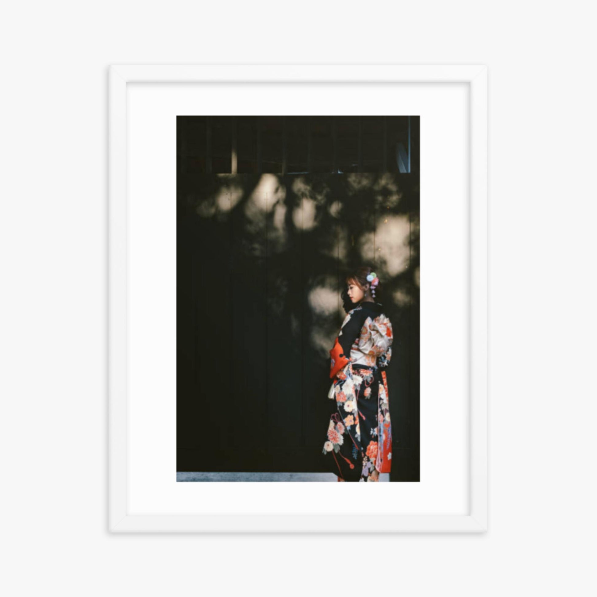 Portrait of beautiful woman in traditional Kimono walking in the street in Kyoto, Japan 16x20 in Poster With White Frame