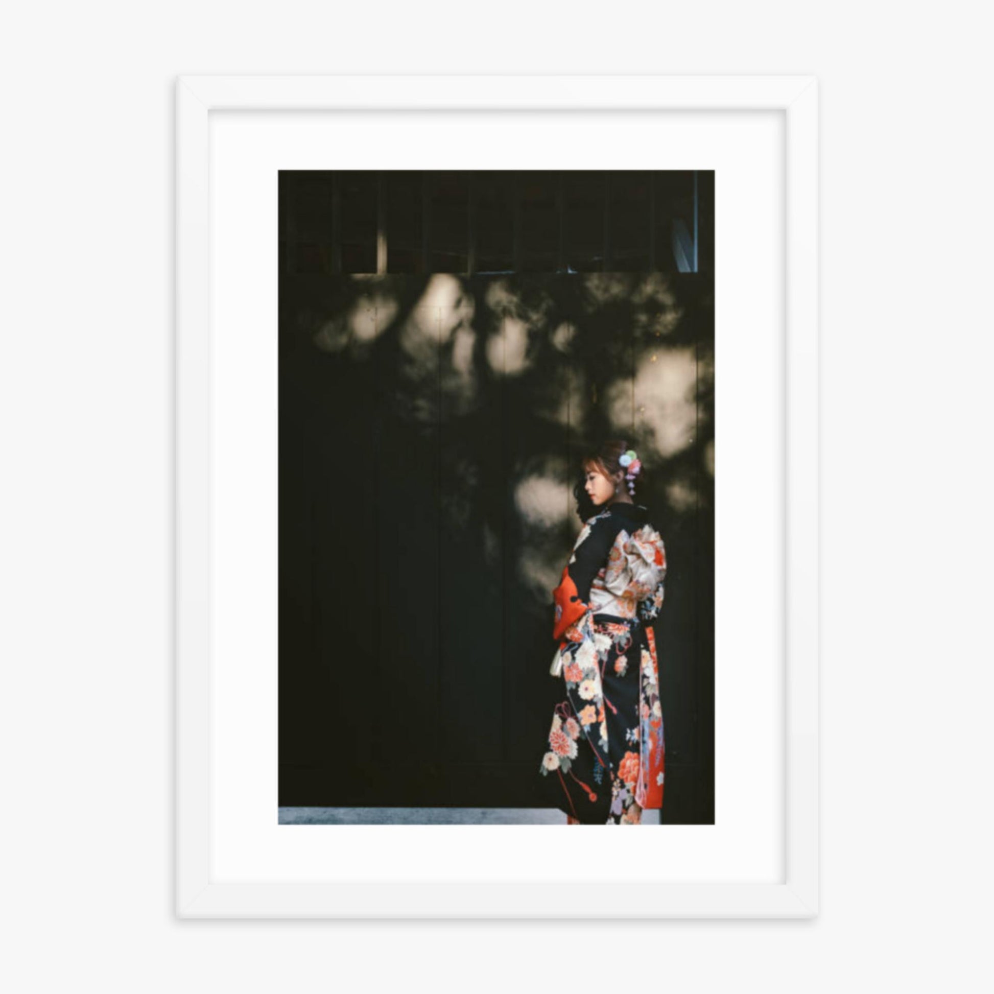 Portrait of beautiful woman in traditional Kimono walking in the street in Kyoto, Japan 18x24 in Poster With White Frame