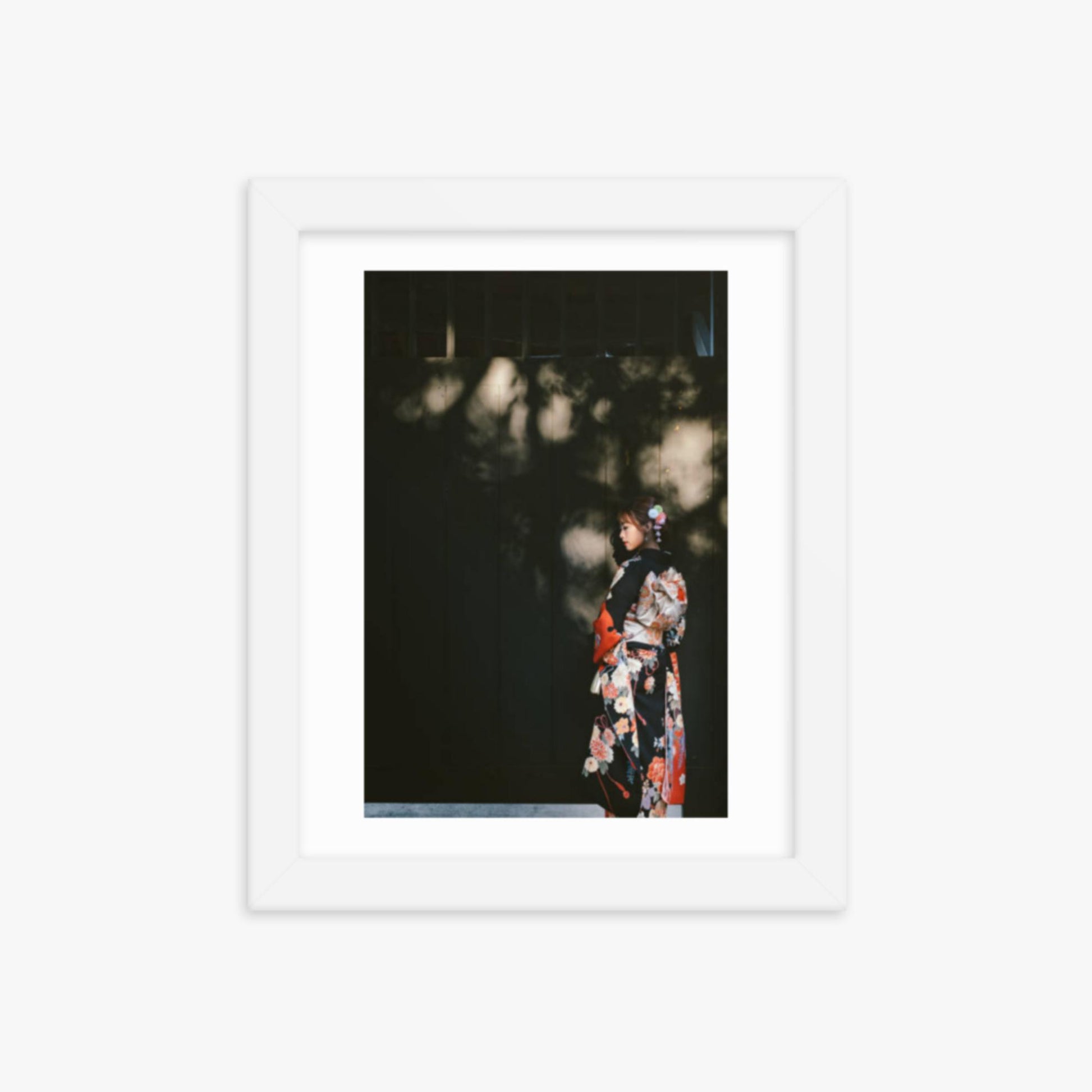 Portrait of beautiful woman in traditional Kimono walking in the street in Kyoto, Japan 8x10 in Poster With White Frame