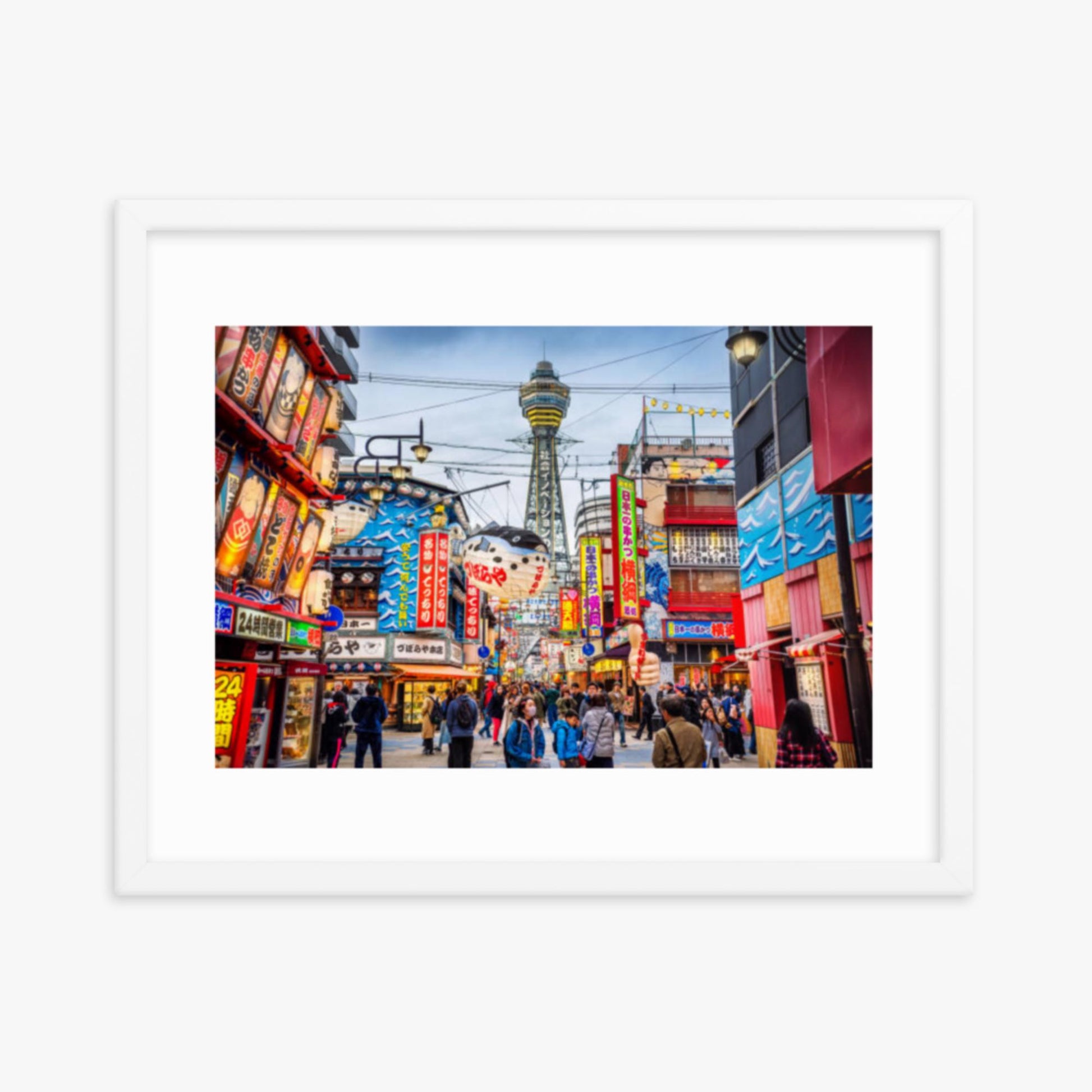 Osaka Tower and view of the neon advertisements in Shinsekai district at dusk 16x20 in Poster With White Frame