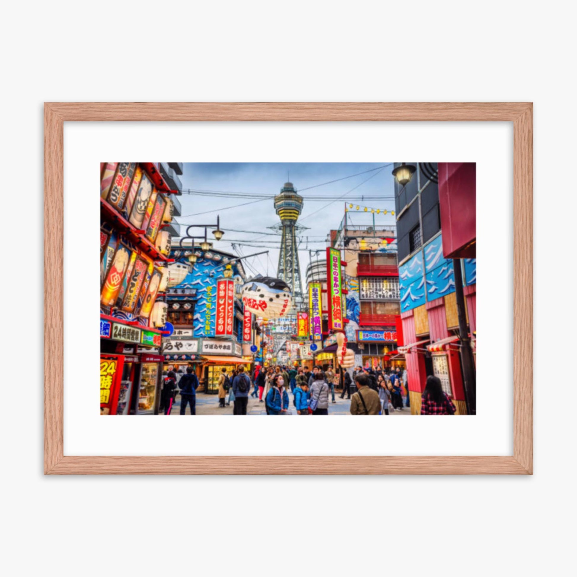 Osaka Tower and view of the neon advertisements in Shinsekai district at dusk 18x24 in Poster With Oak Frame