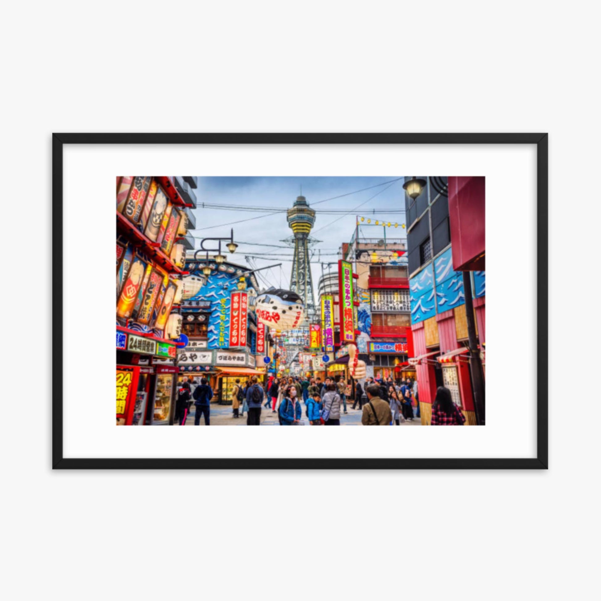 Osaka Tower and view of the neon advertisements in Shinsekai district at dusk 24x36 in Poster With Black Frame