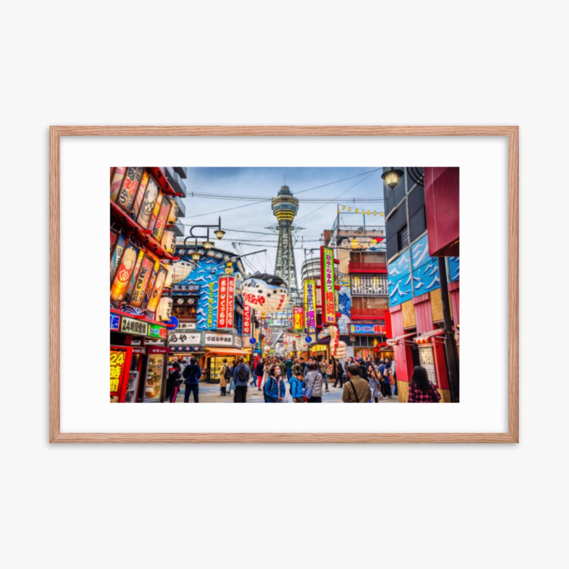 Osaka Tower and view of the neon advertisements in Shinsekai district at dusk 24x36 in Poster With Oak Frame