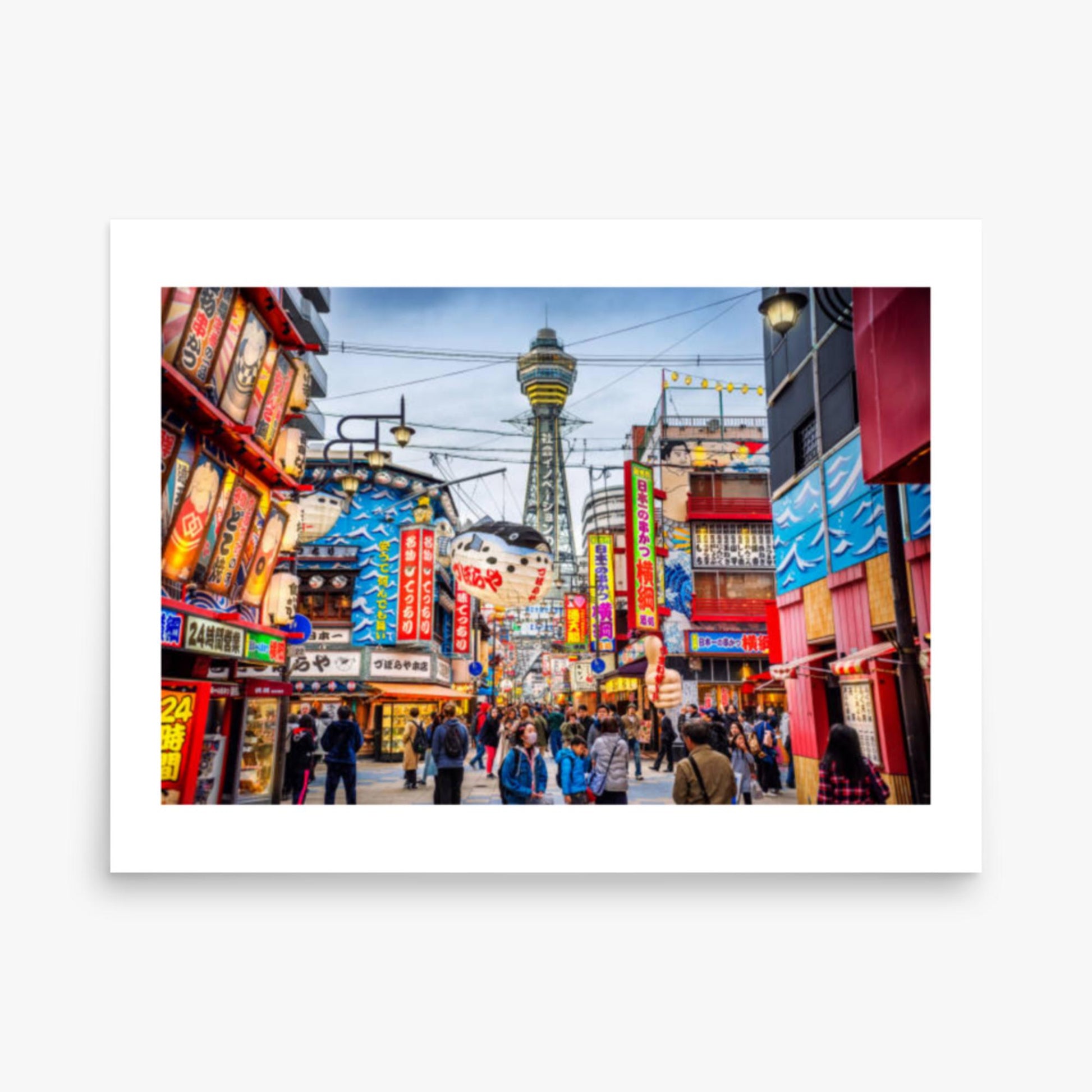 Osaka Tower and view of the neon advertisements in Shinsekai district at dusk 18x24 in Poster