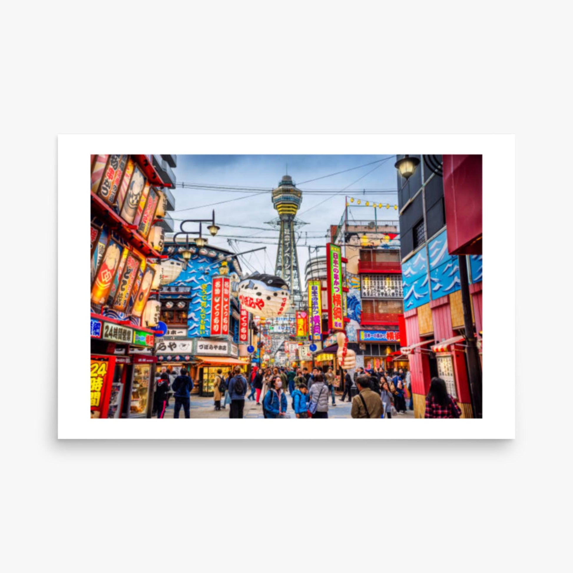 Osaka Tower and view of the neon advertisements in Shinsekai district at dusk 24x36 in Poster