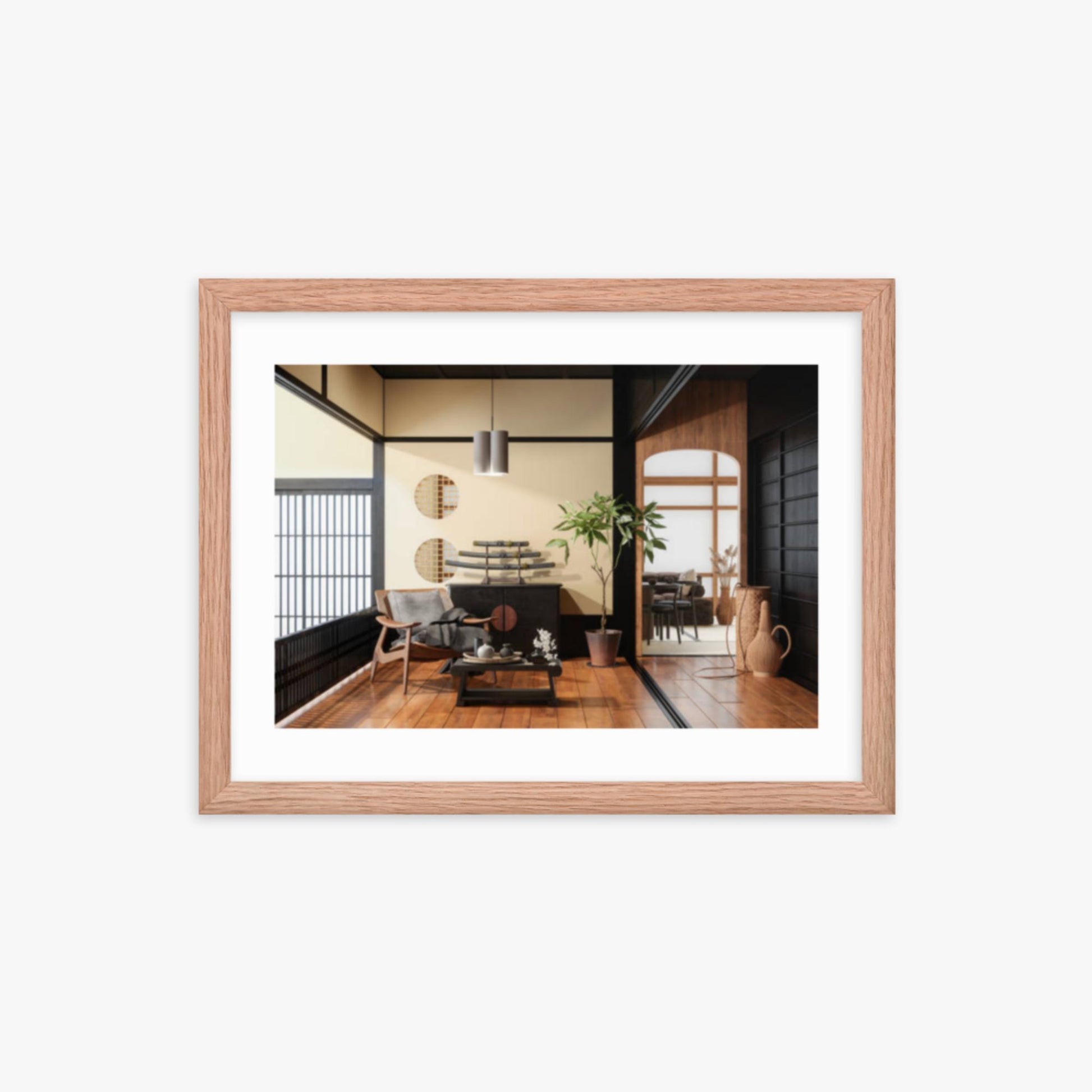 Japanese Style Living Room Interior 12x16 in Poster With Oak Frame