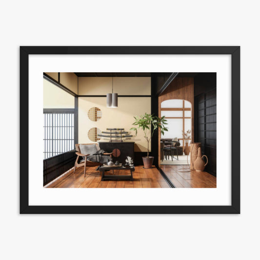 Japanese Style Living Room Interior 18x24 in Poster With Black Frame