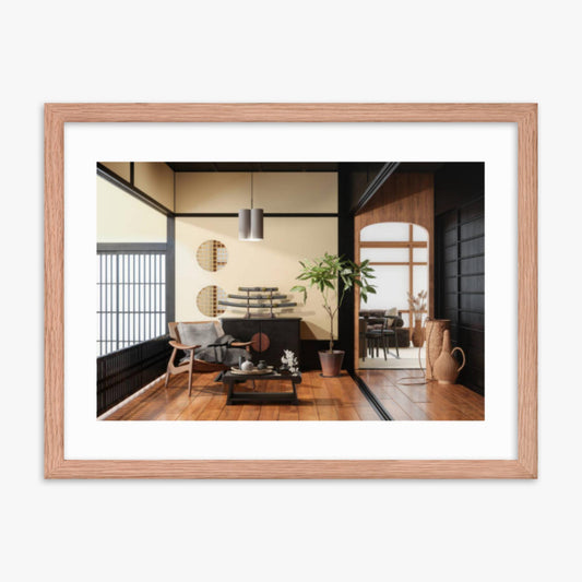 Japanese Style Living Room Interior 18x24 in Poster With Oak Frame