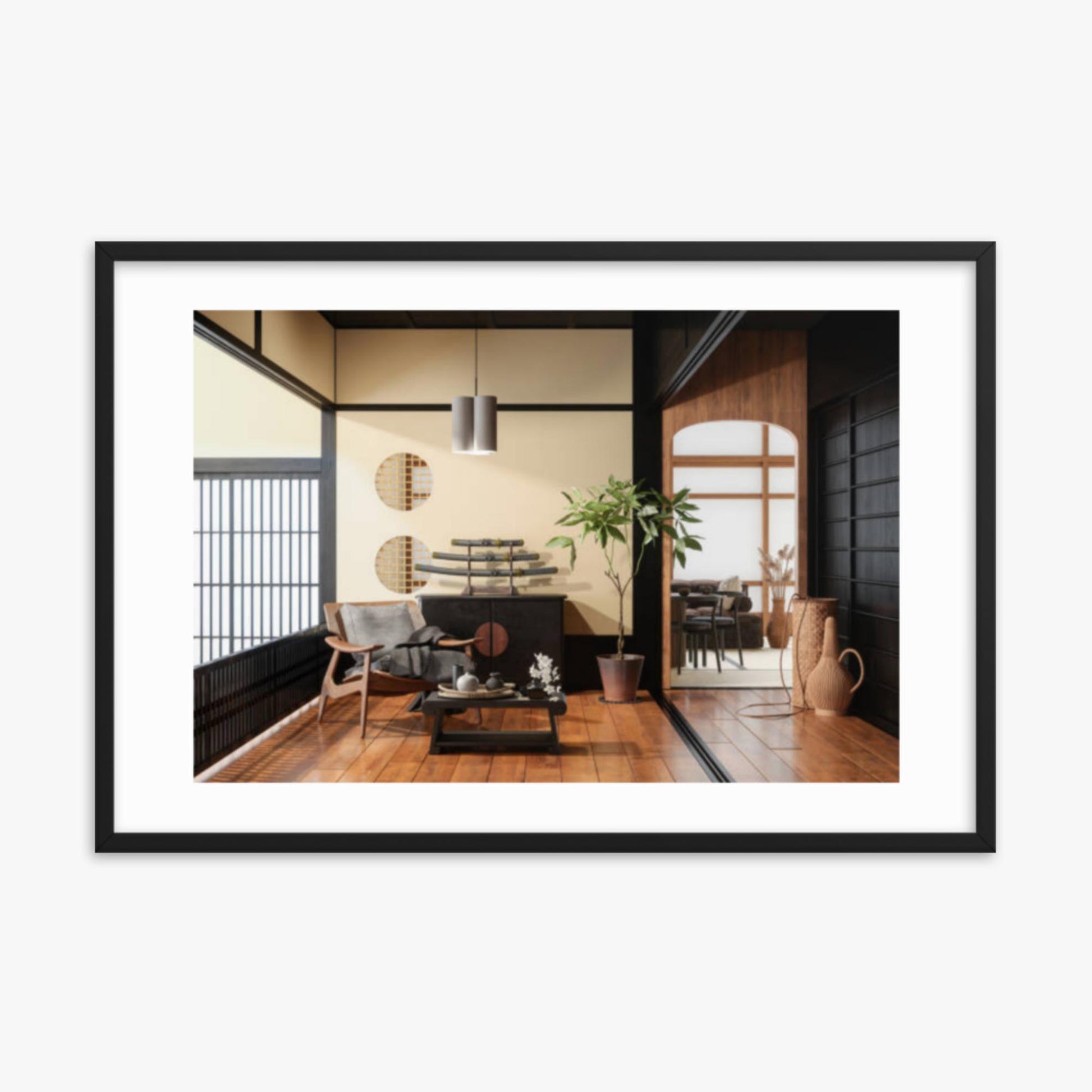 Japanese Style Living Room Interior 24x36 in Poster With Black Frame