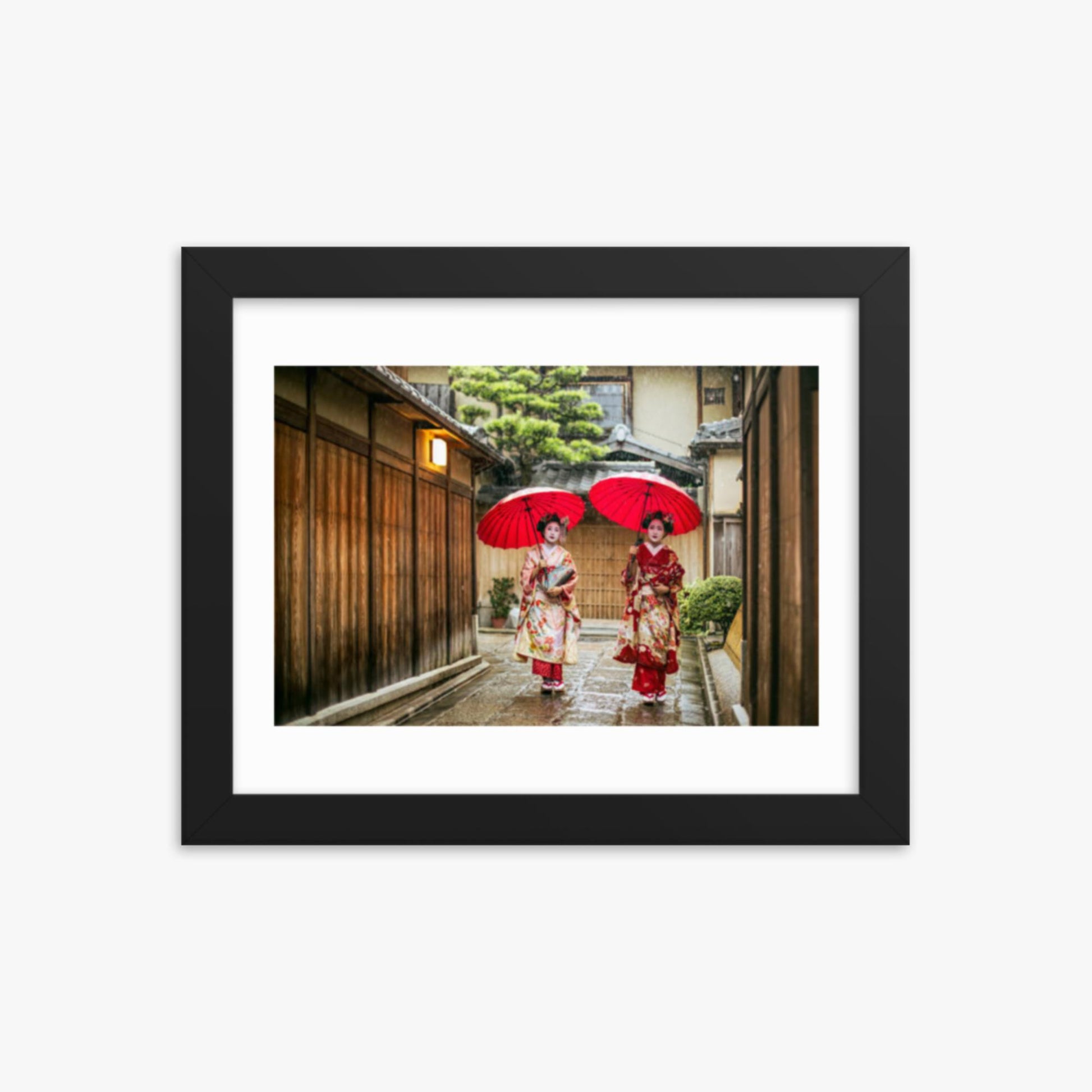 Geishas holding red umbrellas during rainy season 8x10 in Poster With Black Frame