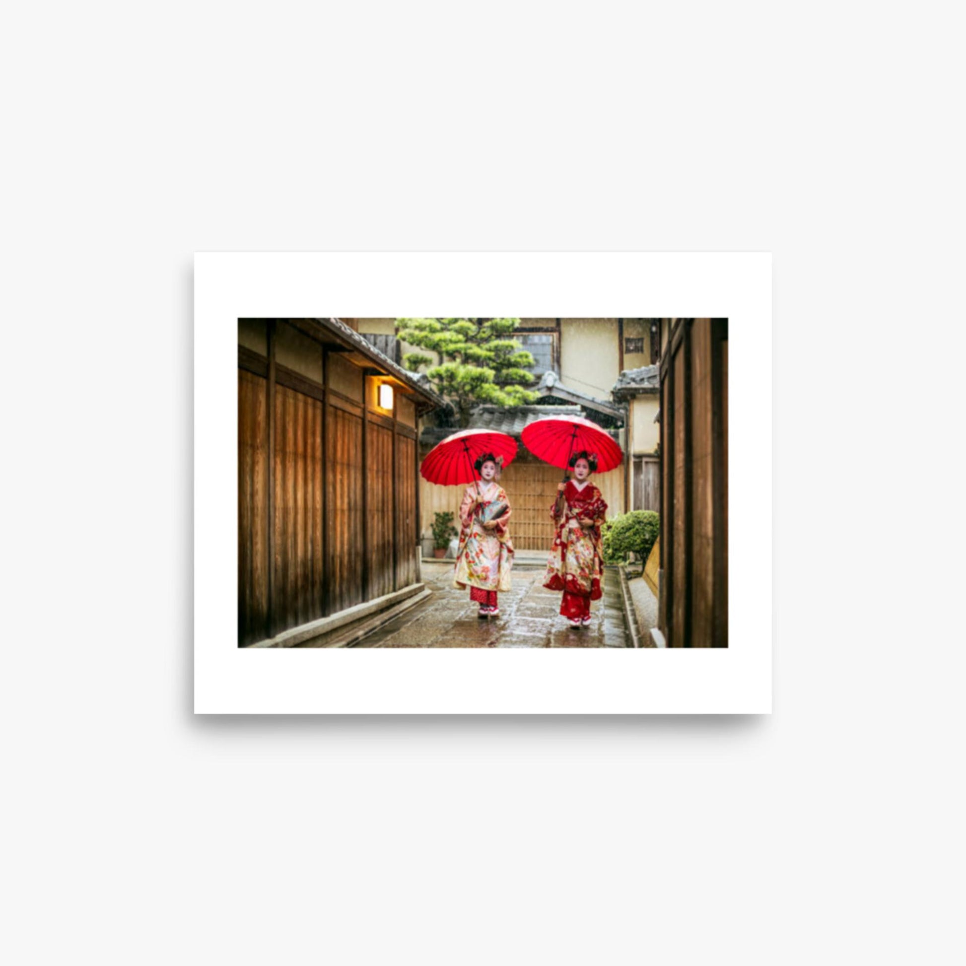 Geishas holding red umbrellas during rainy season 8x10 in Poster