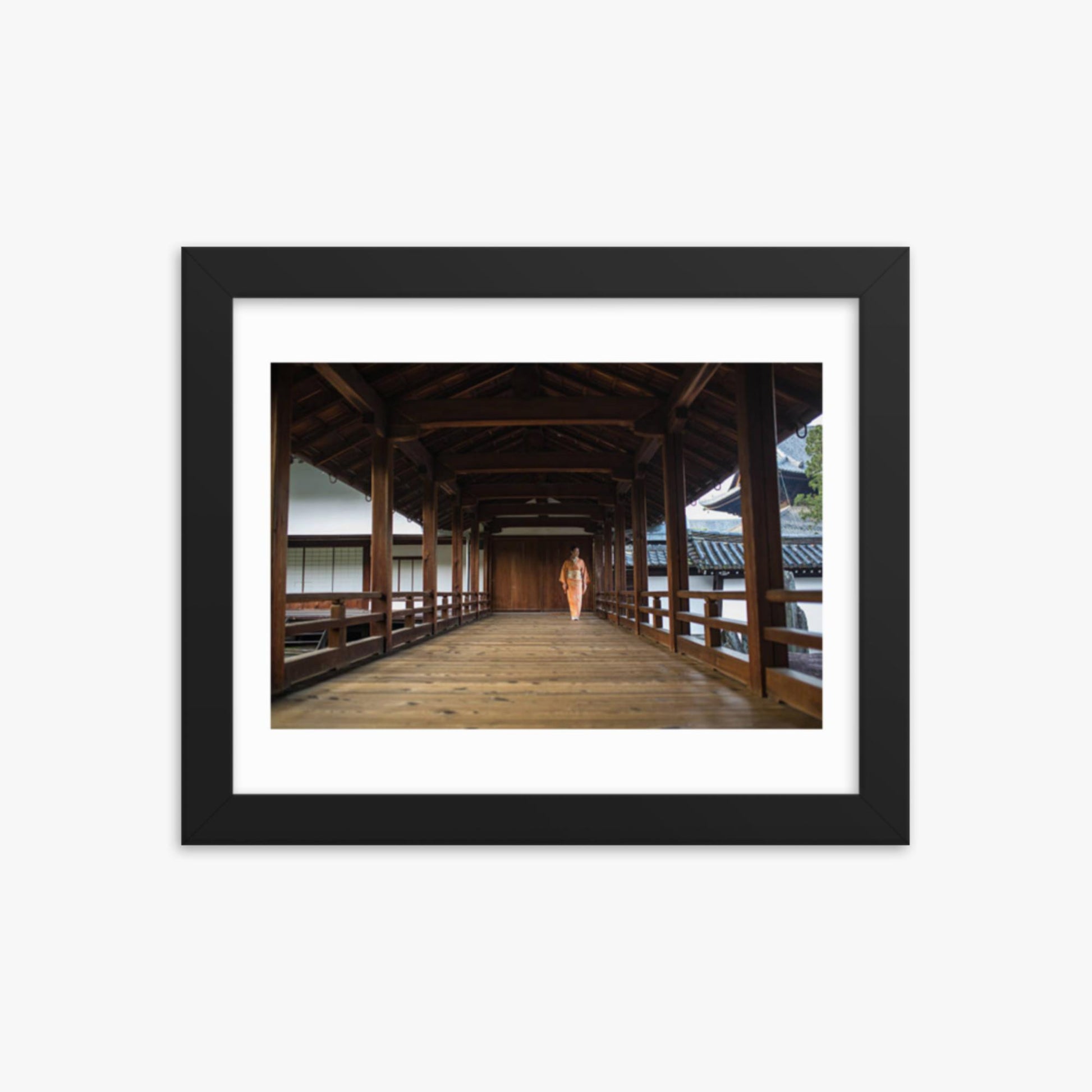 Woman in a kimono walking through a temple corridor 8x10 in Poster With Black Frame