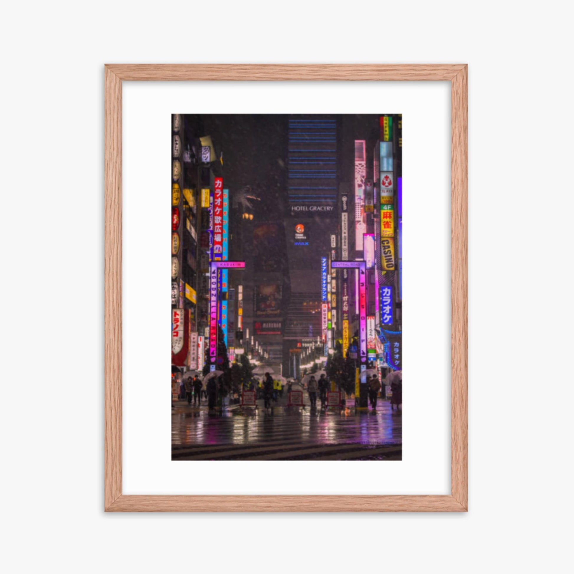 Snowy Shinjuku 16x20 in Poster With Oak Frame