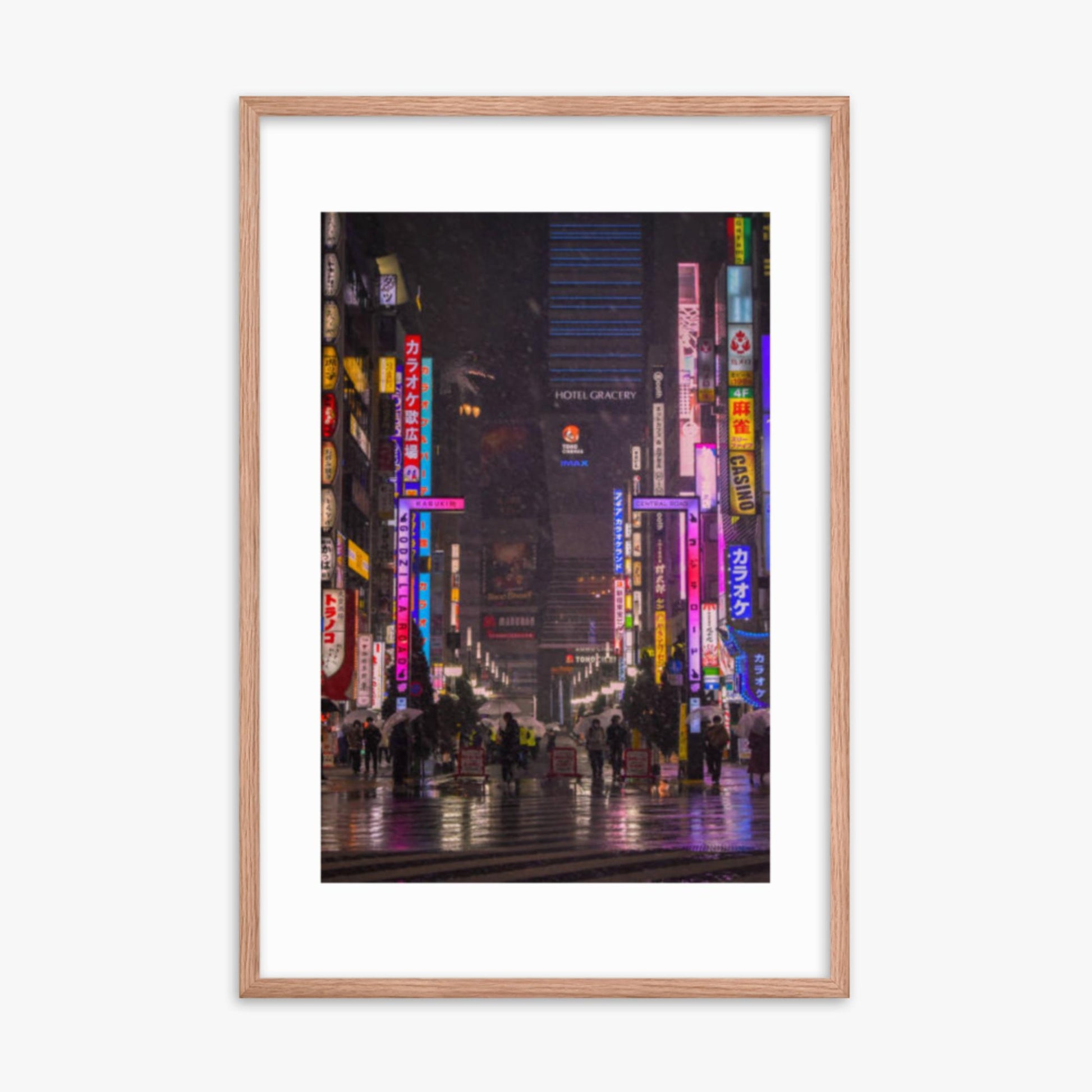 Snowy Shinjuku 24x36 in Poster With Oak Frame