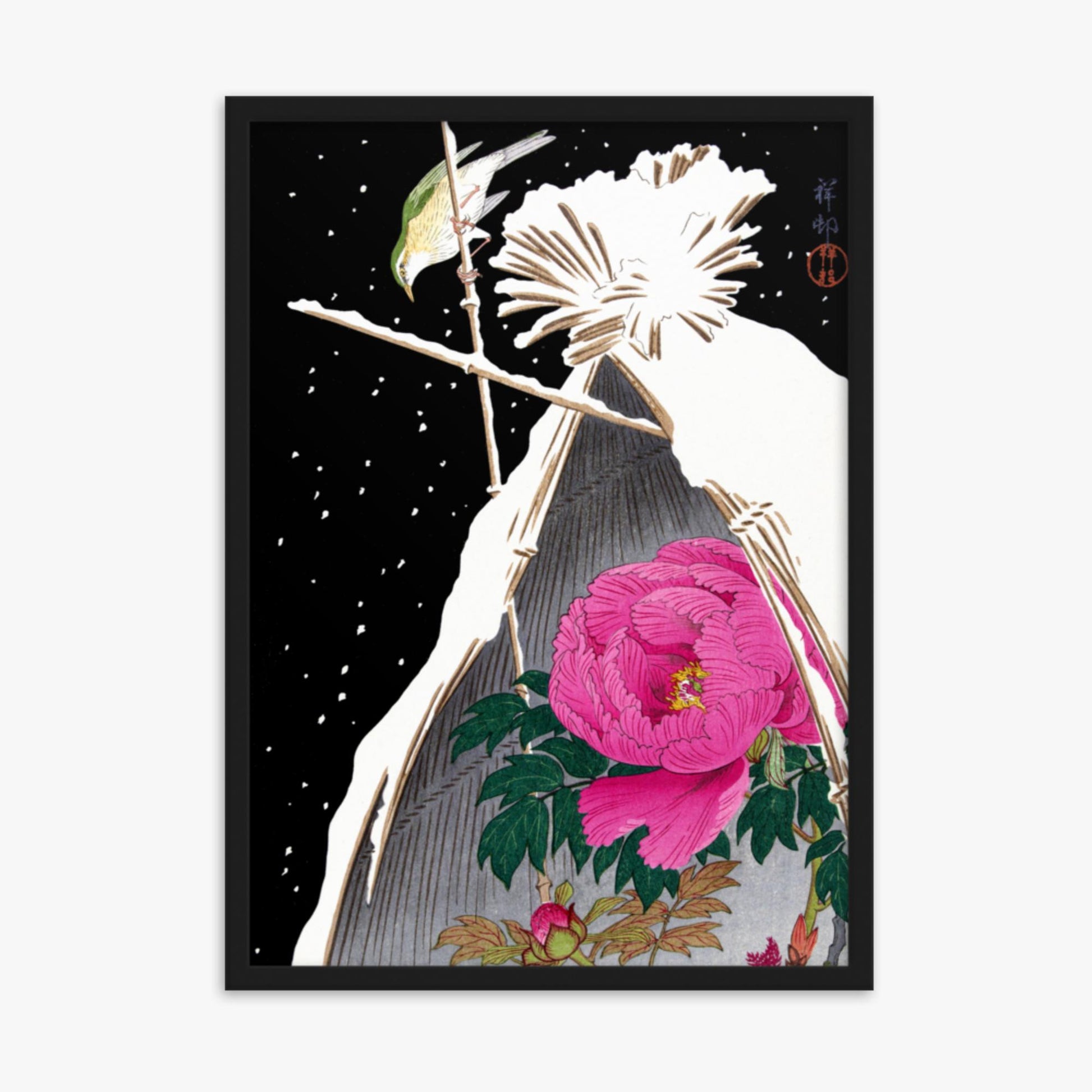 Ohara Koson - Siberian Bluechat Next to a Peony 50x70 cm Poster With Black Frame