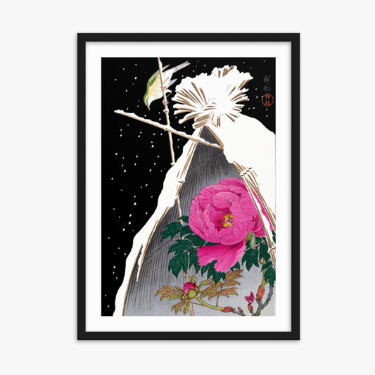 Ohara Koson - Siberian Bluechat Next to a Peony 50x70 cm Poster With Black Frame