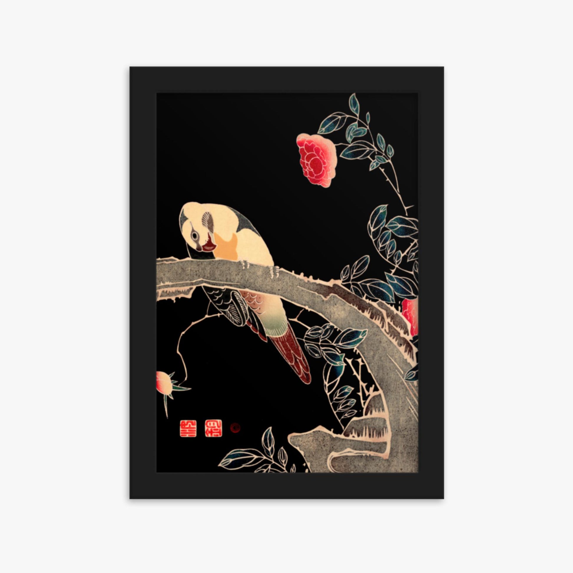 Ito Jakuchu - Parrot on the Branch of a Flowering Rose Bush 21x30 cm Poster With Black Frame